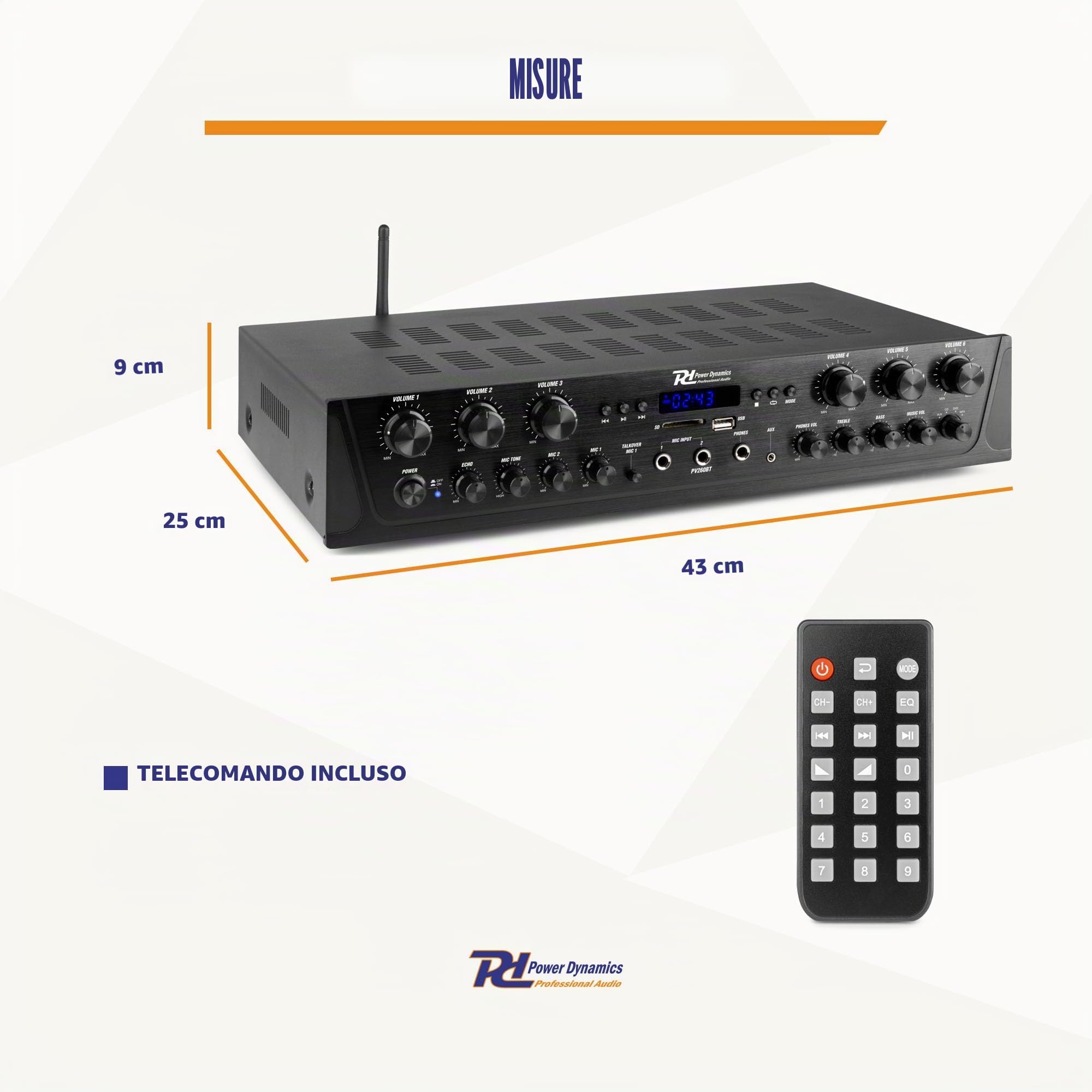 Versterker met Bluetooth - Power Dynamics PV260BT - 6-zone versterker met radio & mp3 speler - 12x 50W - Zwart