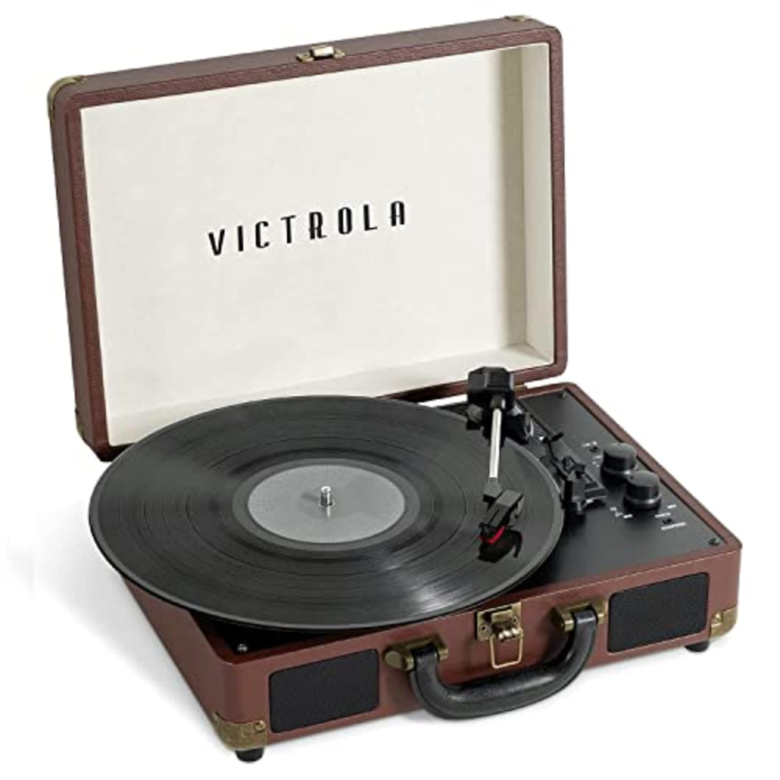 Victrola Journey+ Bluetooth Suitcase Record Player – Built-In Speakers, 33-1/3, 45 & 78 RPM Vinyl Record Player, RCA Out, Headphone Jack, Wireless Streaming (Dark Brown)