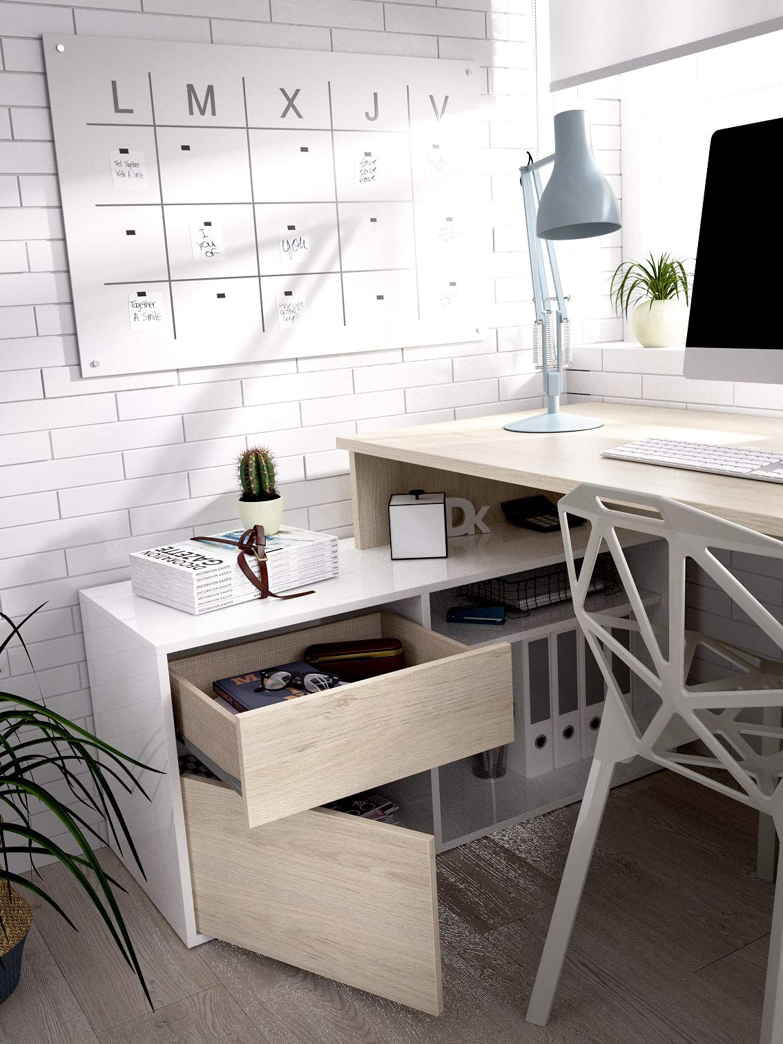 Mesa de estudio 139 cm moderna y barata en natural y blanco brillo