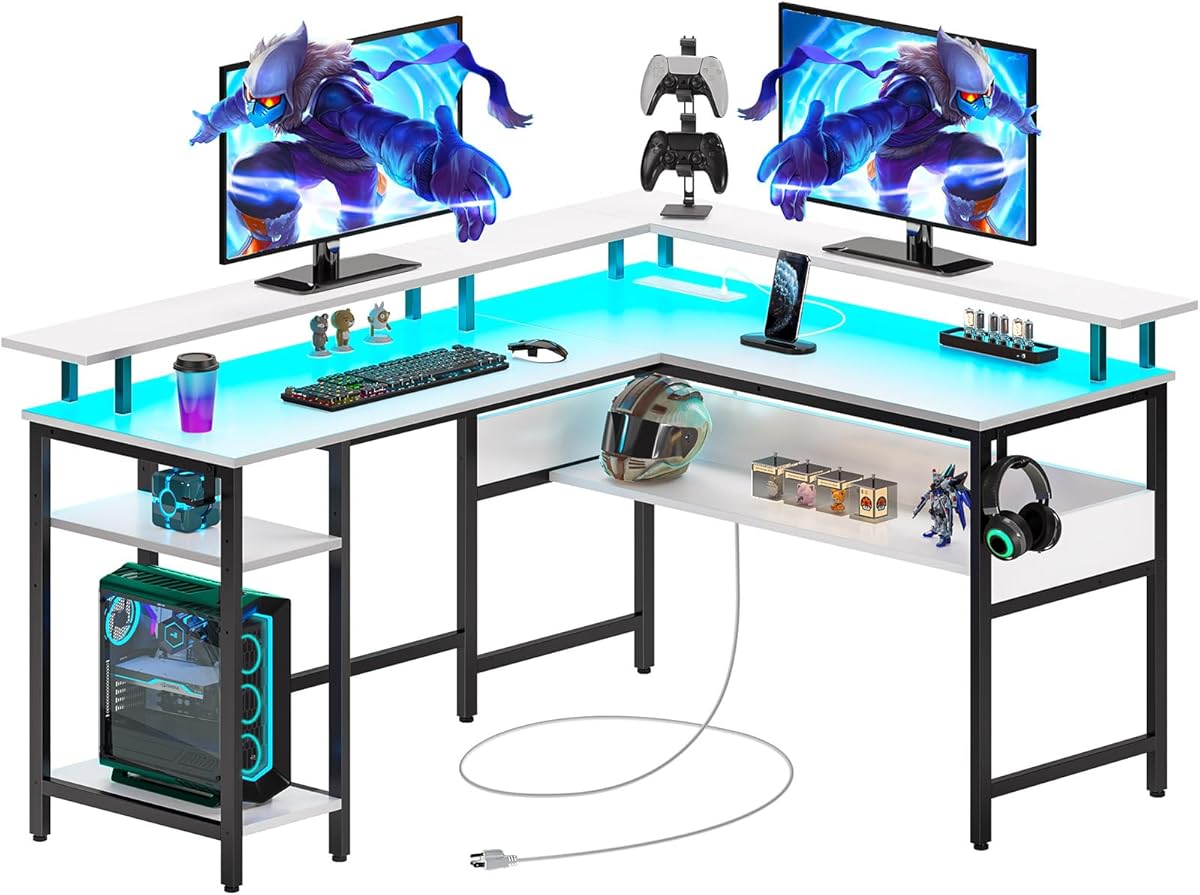 Rolanstar Computer Desk L Shaped 56.7" with LED Lights & Power Outlets, Reversible L Shaped Gaming Desk with Monitor Stand, Office Desk with Storage, Writing Desk with USB Port & Hook, White