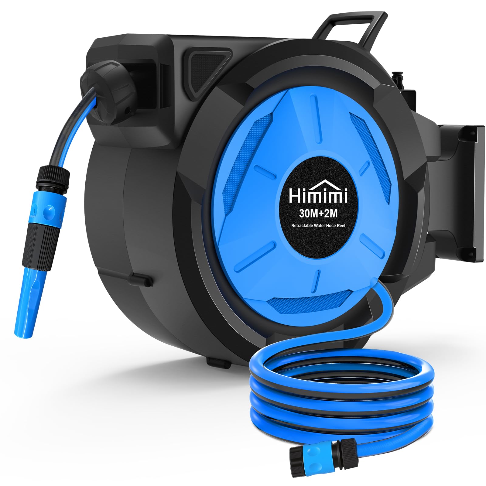 Himimi Avvolgitubo da Giardino Retrattile da Parete 30 m + 2 m, 1/2", Avvolgitubo Automatico con Rientro Lento, Blocco a Qualsiasi Lunghezza, Supporto Girevole 180°, Resistente ai Raggi UV e al Gelo
