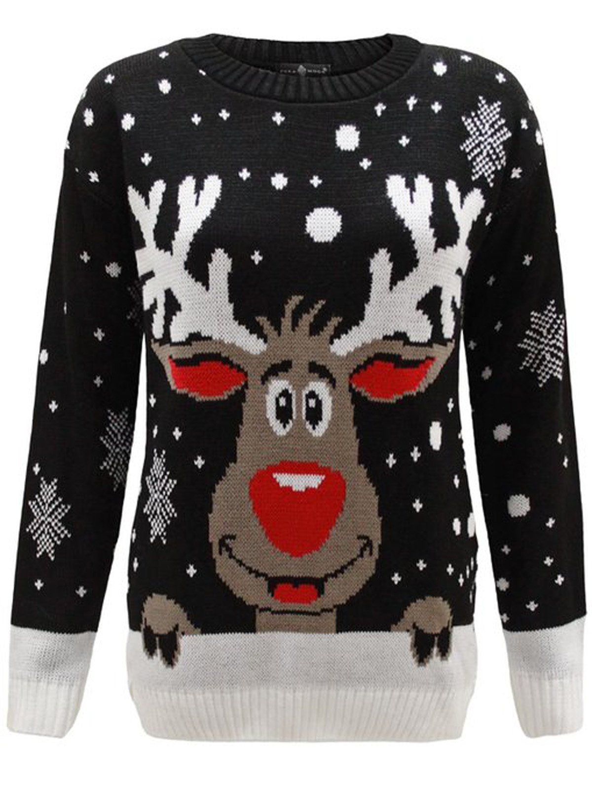 GirlzWalk Women Reindeer Snow Flakes Star Xmas Knitted Jumper Black