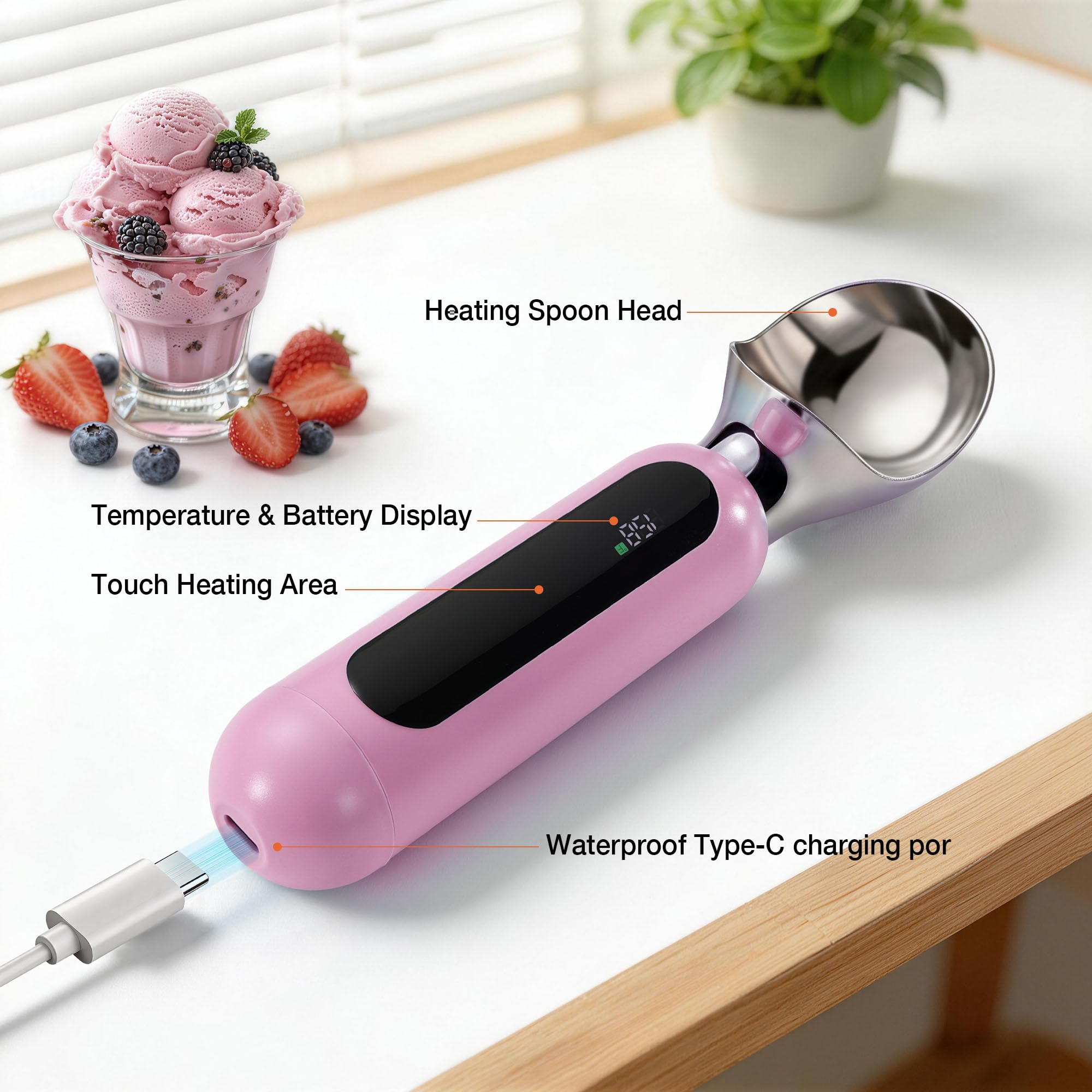 Paletta per gelato riscaldata, ricaricabile, elettrica, con display a LED, interruttore on/off, impermeabile IP67, riscalda fino a 70 °C, per gelato duro (rosa)