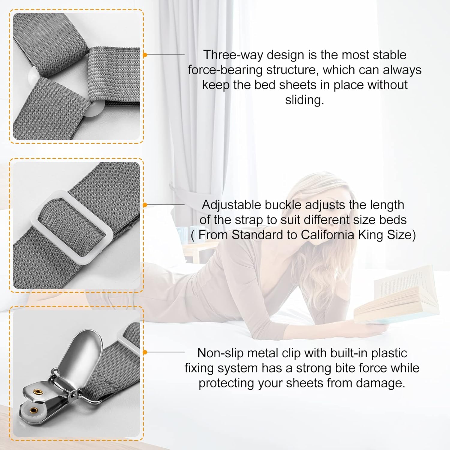 JBYAMUS Bed Sheet Straps, Easy to Install Bed Sheet Clips, Fitted Sheet Clips Sheet Straps, Say Goodbye to The Messy Sheets (Gray-4 Pcs) : Home & Kitchen