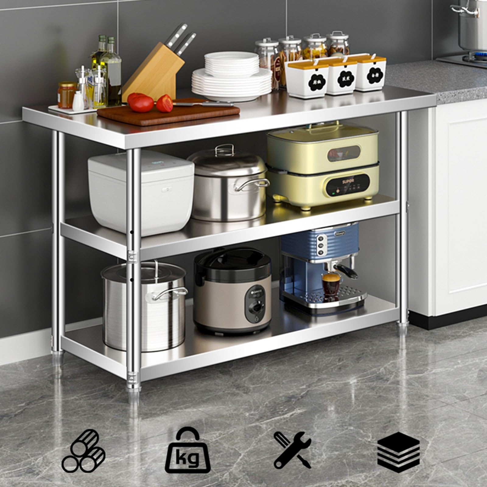 Mesa de Trabajo de Cocina para el hogar con Tres estantes de Almacenamiento, Mesa de preparación de Acero Inoxidable, Mesa de encimera Comercial Multifuncional, Mesa de Metal (80 x 50 x 80 c
