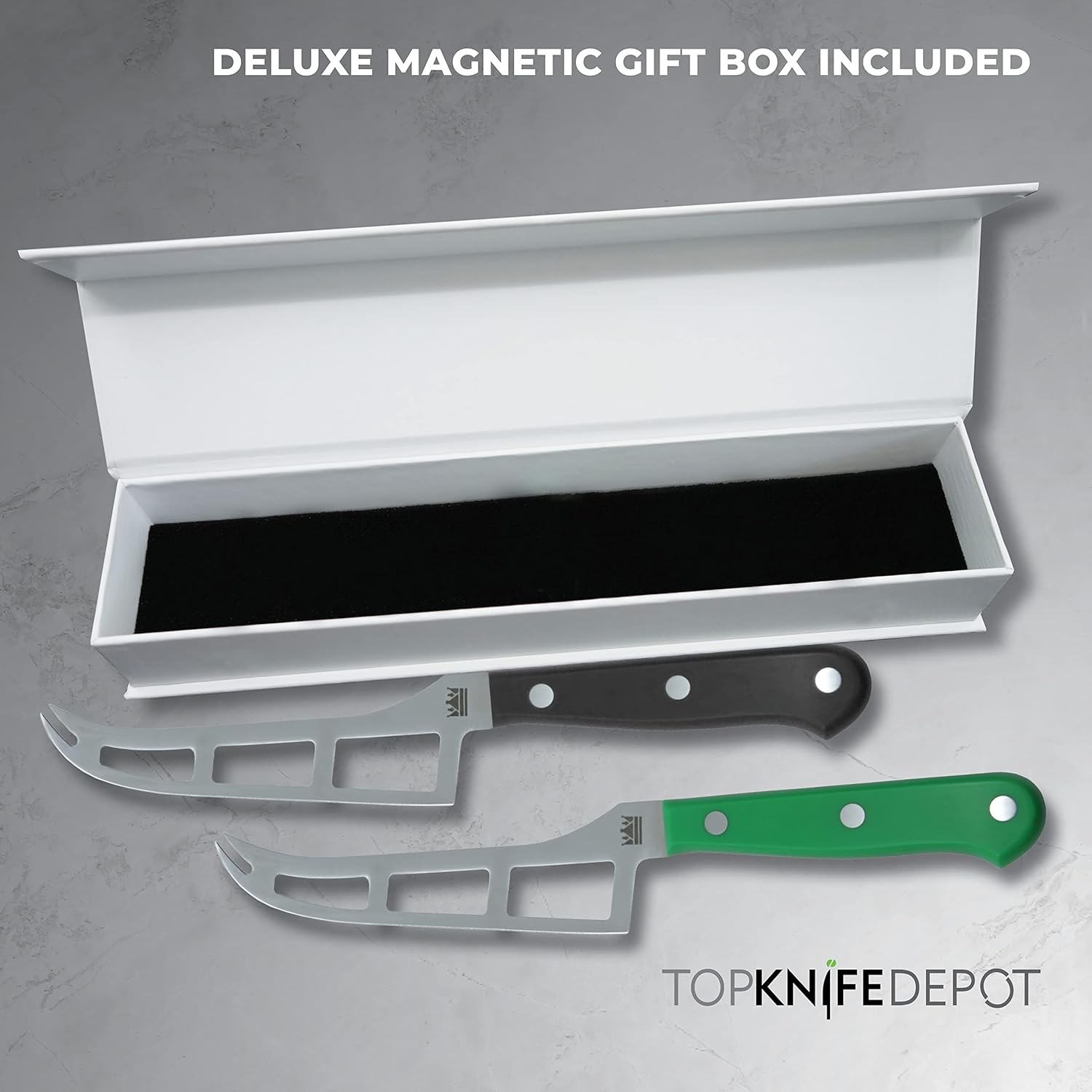 M&G 6-1/8" French Cheese Knife - Black & Green Handles - Regular Box - Set of 2 - Designed and Made in Europe