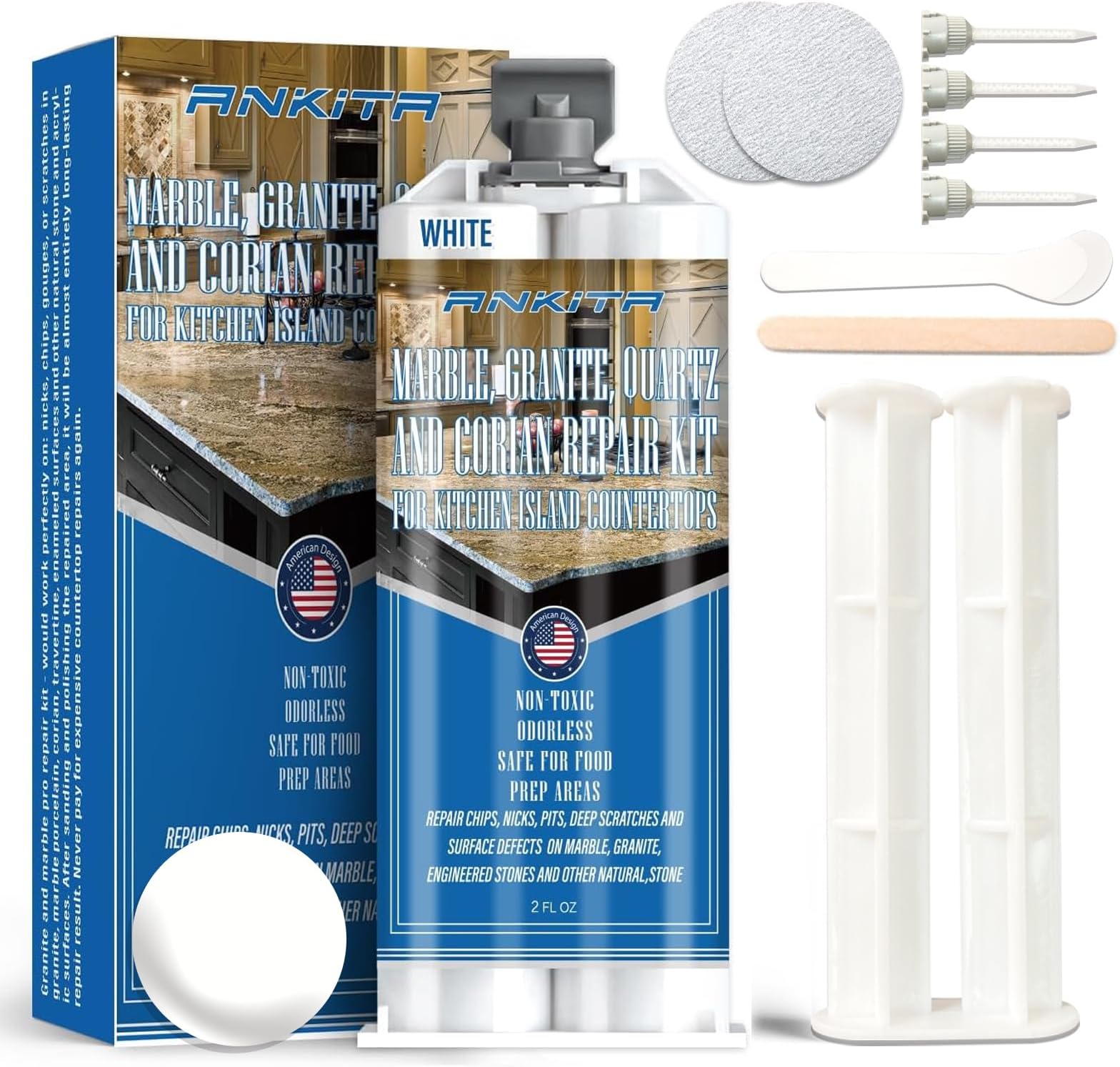 Quartz Countertop Chip Repair Kit(White), Marble and Granite Repair to Fix Nicks, Chips, or Scratches on Granite, Marble Porcelain, Corian, Travertine, Quartz and Other Stone and Acrylic Surfaces.
