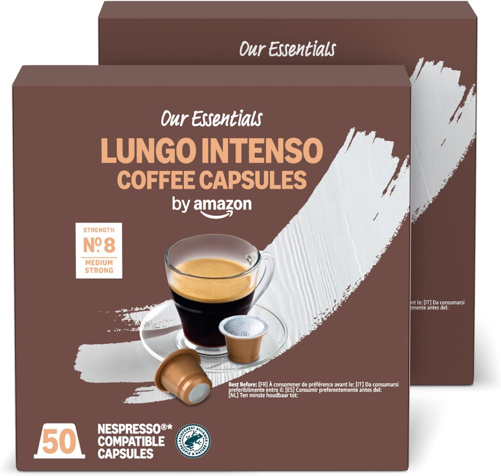 Lungo Intenso Nespresso Compatible Plastic Coffee Caplused, Medium Roast, 100 Count (2 Packs of 50), Rainforest Alliance Certified