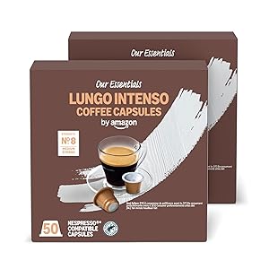 by Amazon Cápsulas de Café Lungo Intenso de Plástico Compatibles con Nespresso, Tostado Medio, 100 Unidades (2 Paquetes de 50), Certificadas por Rainforest Alliance