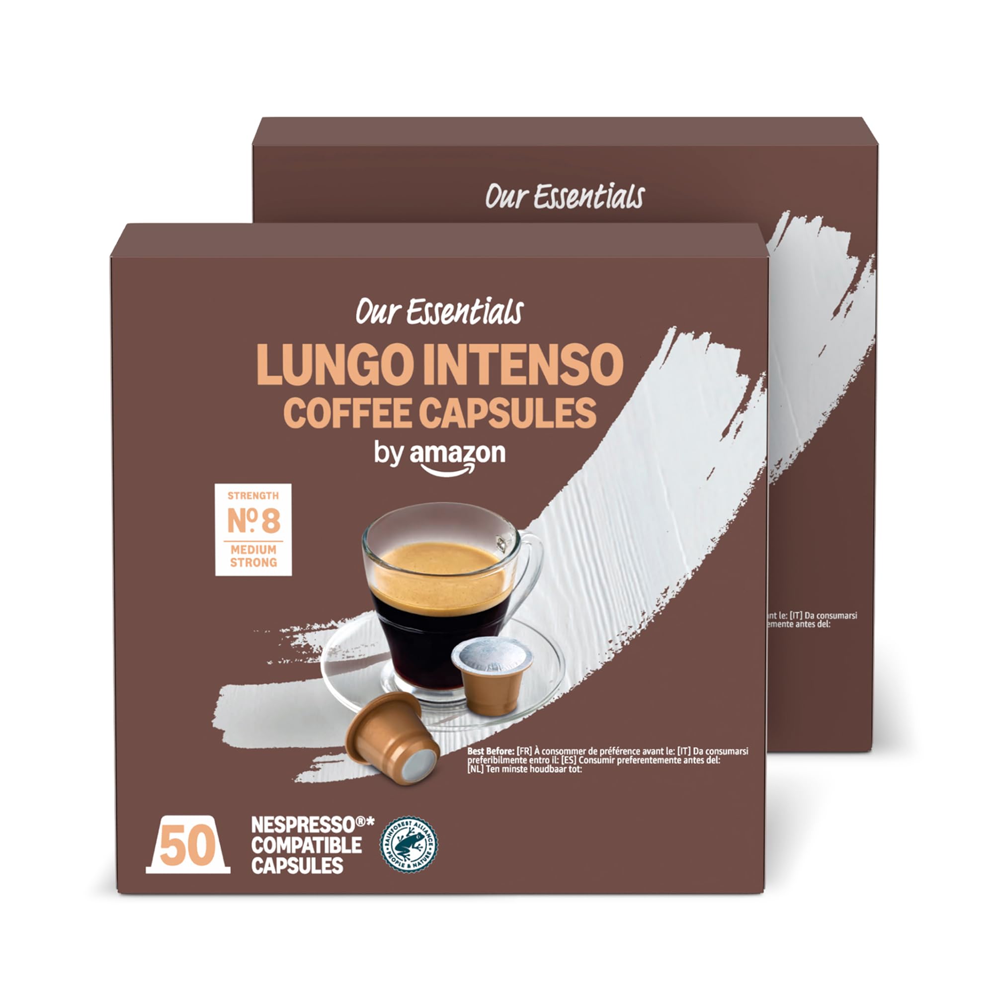 by Amazon Lungo Intenso Nespresso Compatible Plastic Coffee Caplused, Medium Roast, 100 Count (2 Packs of 50), Rainforest Alliance Certified