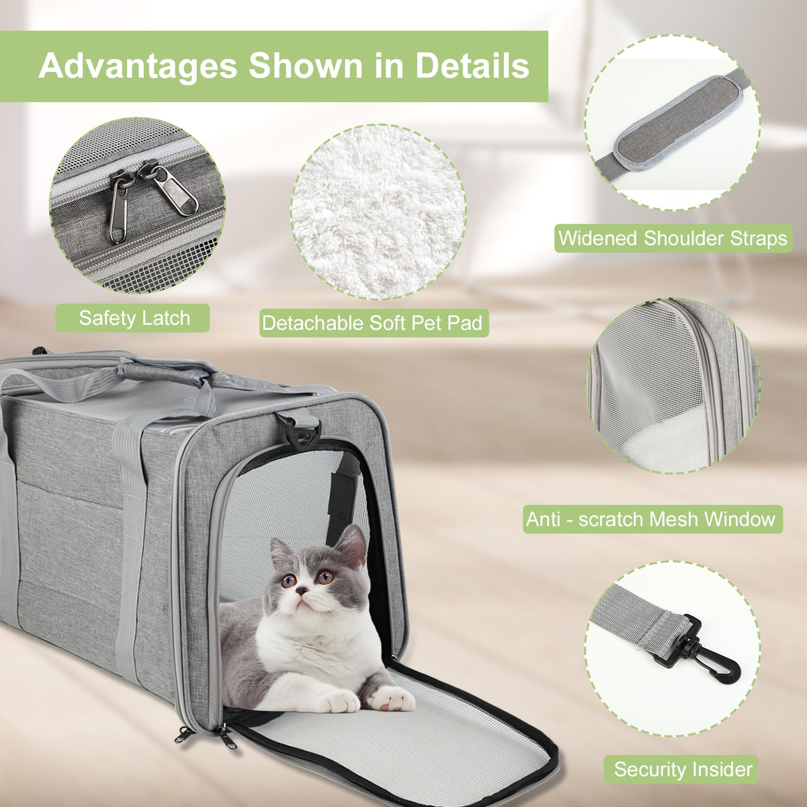 Transportín Perro Plegable – Bolso Gato Transpirable – Bolso Perro Pequeño con Correa para Viajes y Coche (Gris)