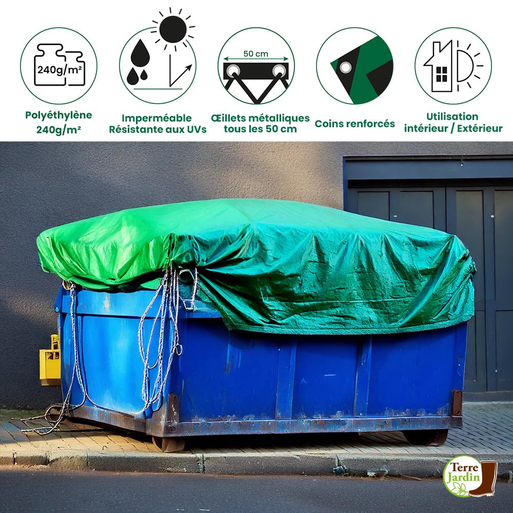 TERRE JARDIN Bâche de Protection Polyéthylène 240 g/m², Extérieur Bâche Imperméable, Ultra Lourde et Résistante, Anti UV - Bâche Bois de Chauffage, Chantier - 4 x 5 - Vert