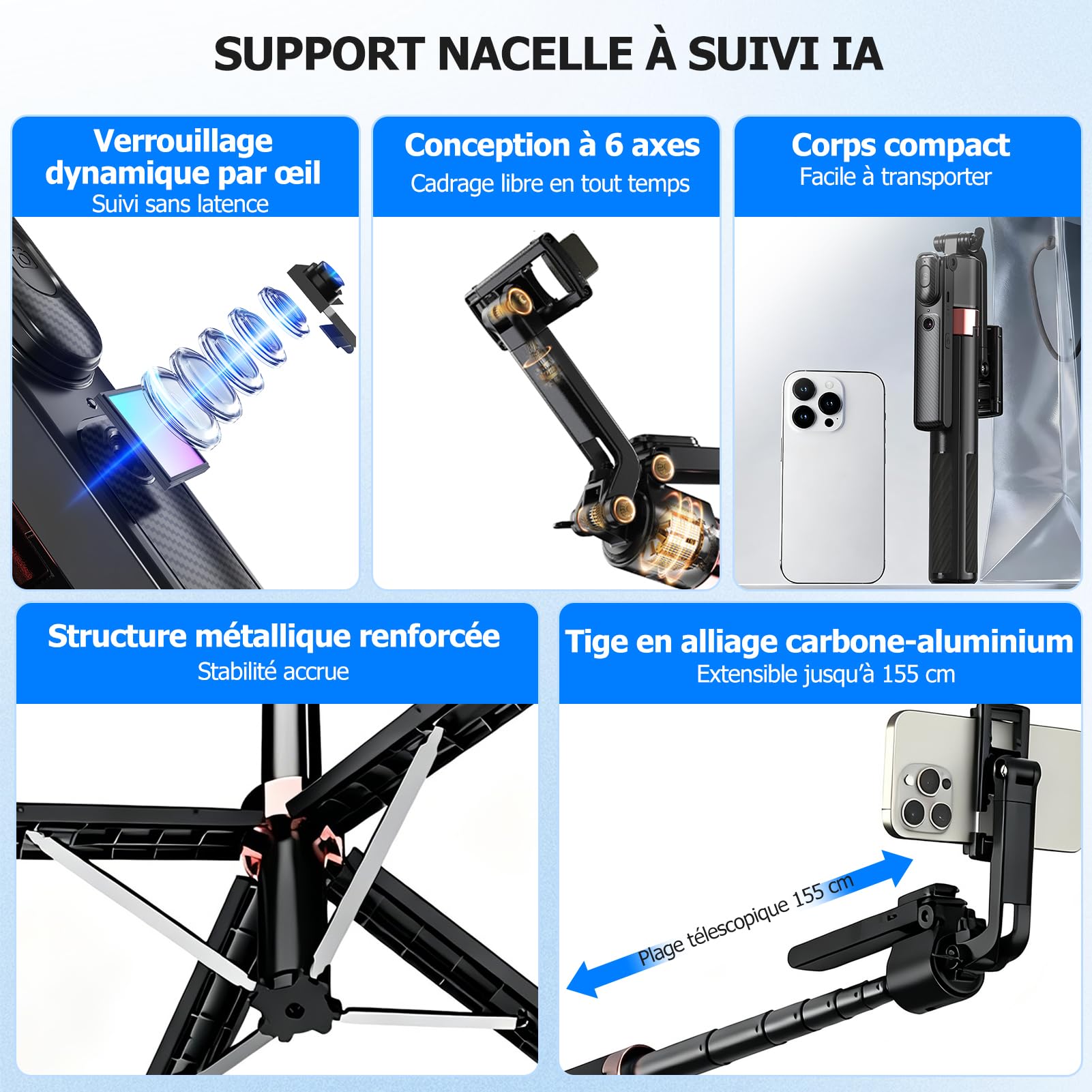 Trépied de téléphone portable pour smartphone - Rotation à 360° - Perche à selfie automatique avec 4 pieds - 160 cm - Avec télécommande - Contrôle par gestes - Pour Vlog Live Stream Travel