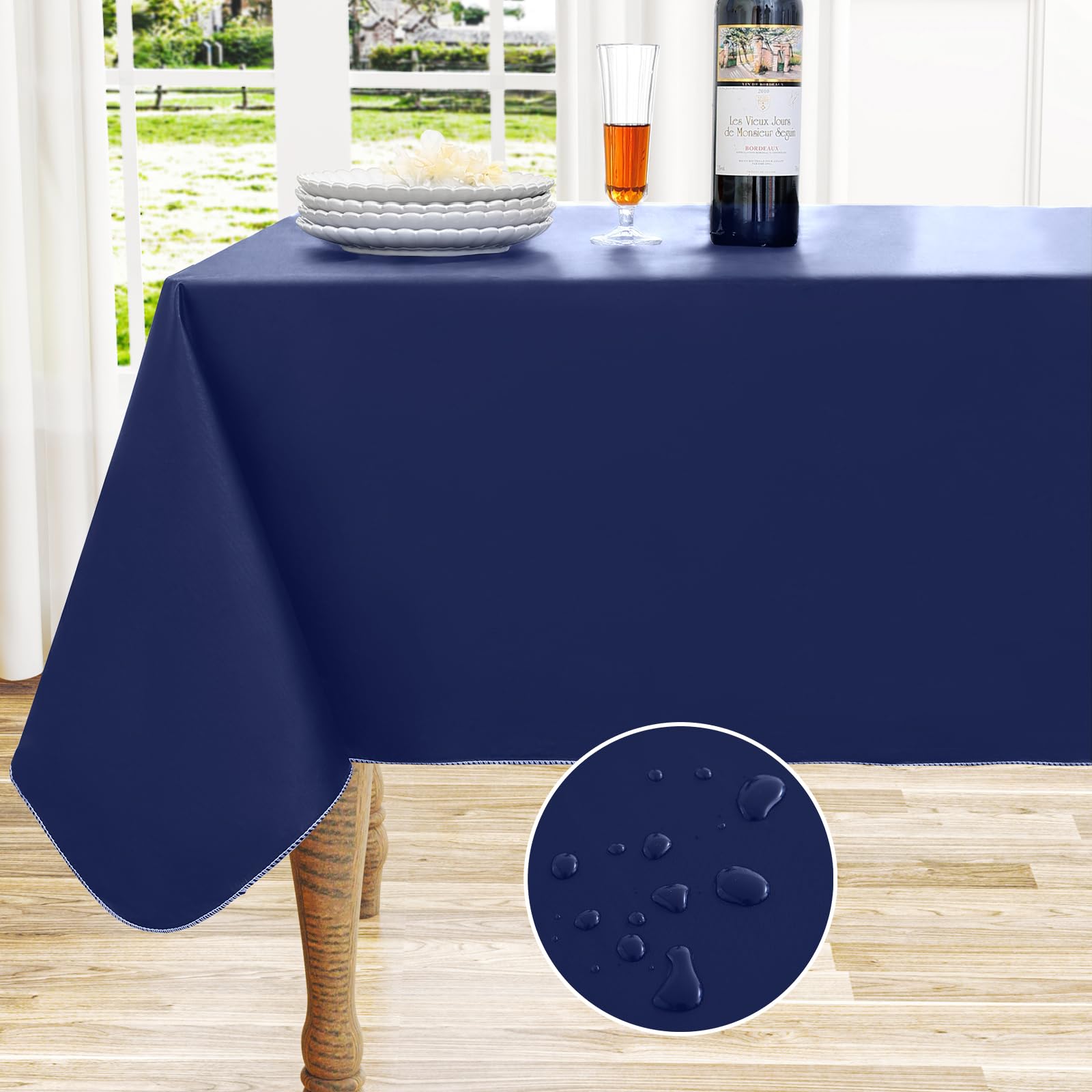 homing Rectangle Vinyl Tablecloth, 100% Waterproof Spillproof Plastic Flannel Backed Table Cloth, Wipe Clean Table Cover for Dining Table, Buffet Parties and Camping (Navy Blue, 60" x 102")