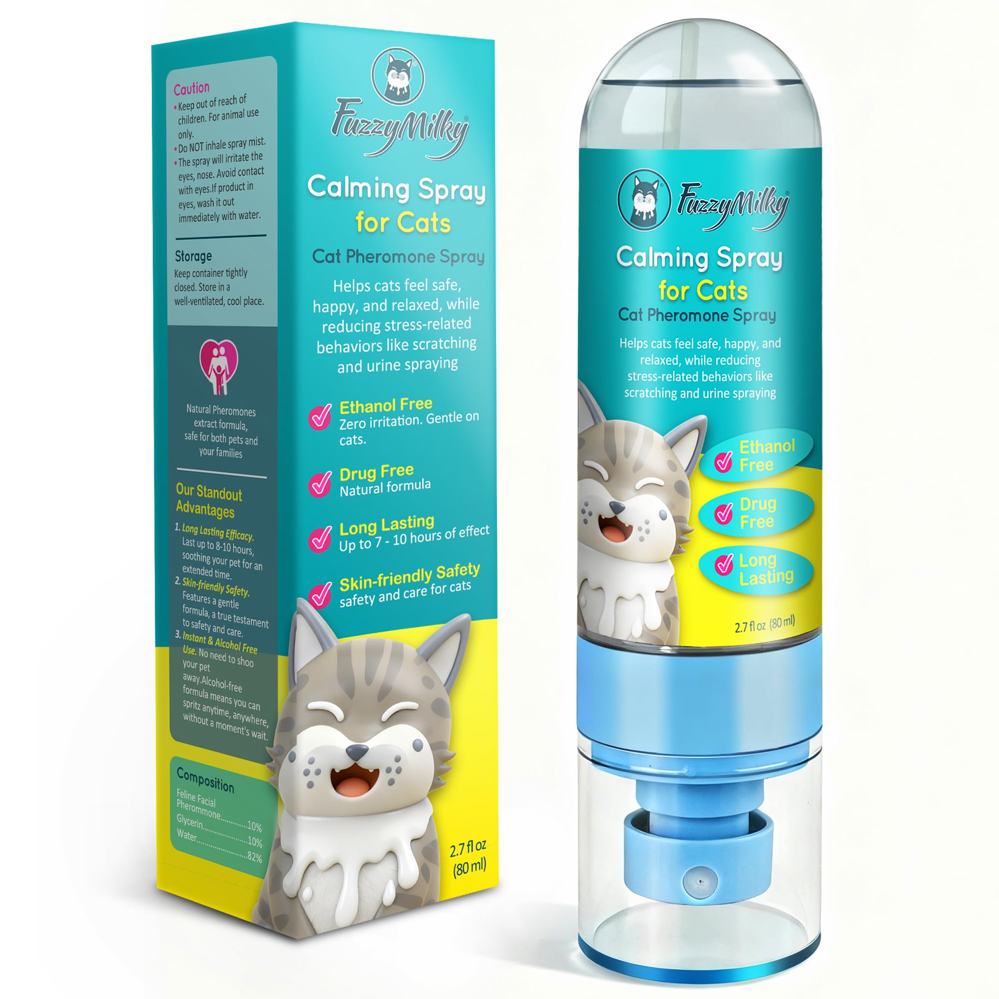 FuzzyMilky Cat Calming Spray 80ml - Ethanol Free, Pheromone Spray for Cat Anxiety Relief, Travel, Vet Visits, Sleep - Deterrent for Scratching, Urine Marking