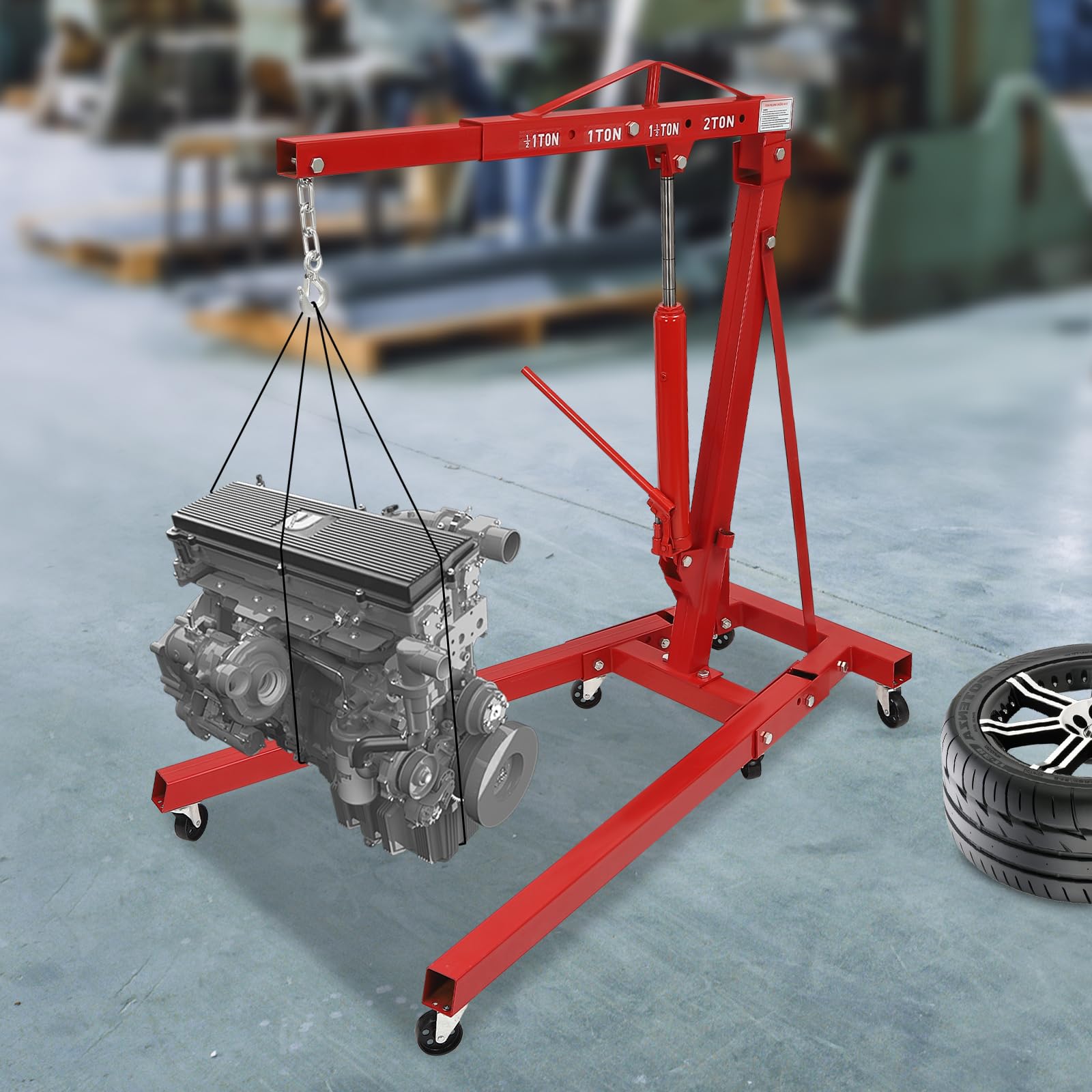 Grúa de elevación de motor 2T plegable, grúa de taller con ruedas, elevador hidráulico hasta 2,1 m de altura de elevación, elevador de carga de acero para garaje y taller (Rojo)