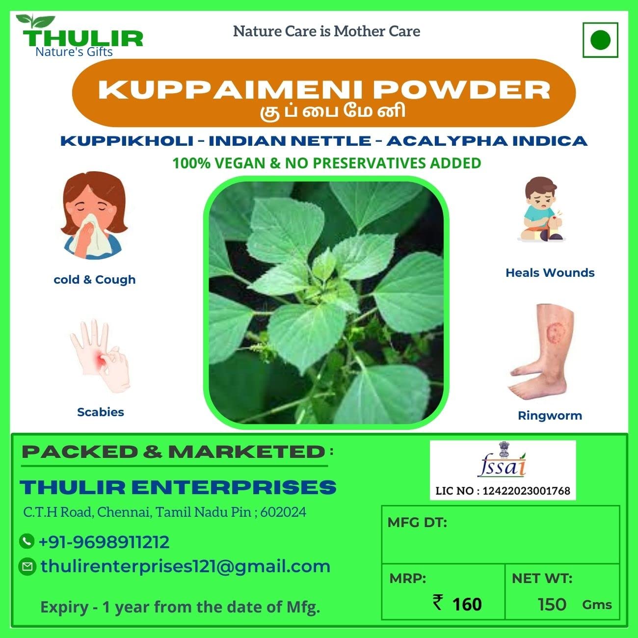 THULIR : Kuppaimeni Powder | Indian Nettle Leave - 150 Gms | Indian Acalypha indica Linn | Kuppaimeni Leaves
