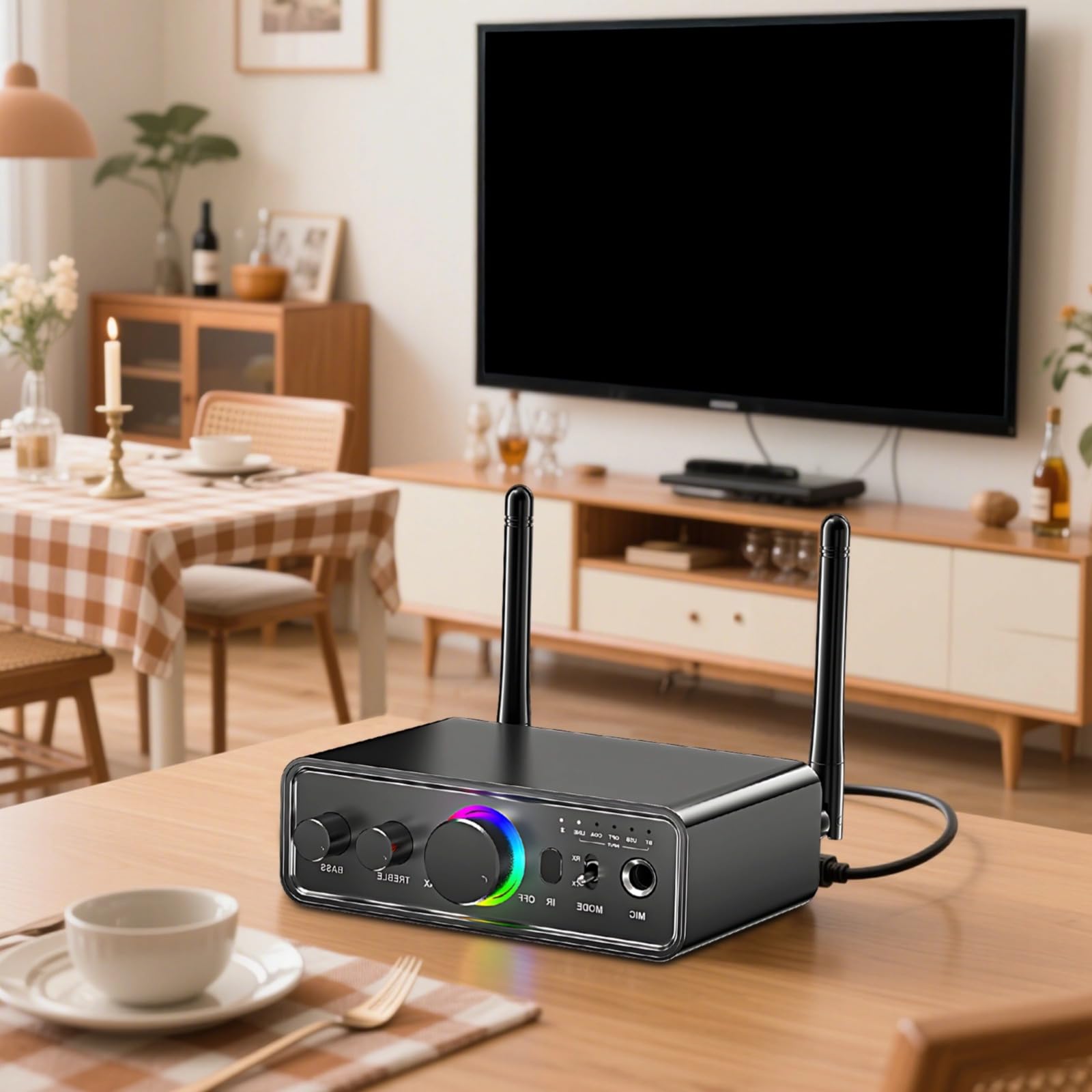 Adattatore Wireless 5.3 Ricevitore e Trasmettitore, Mini Amplificatore con Batteria al Litio da 1200 mAh, Supporta AUX, RCA, Ottica, USB, Audio ad Alta Fedeltà, Ideale per Home Audio, Karaoke e
