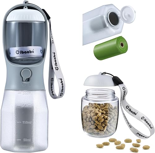 Botella de agua para perros con contenedor de alimentos y soporte para bolsa de excrementos, cuenco de agua de viaje, dispensador portátil para