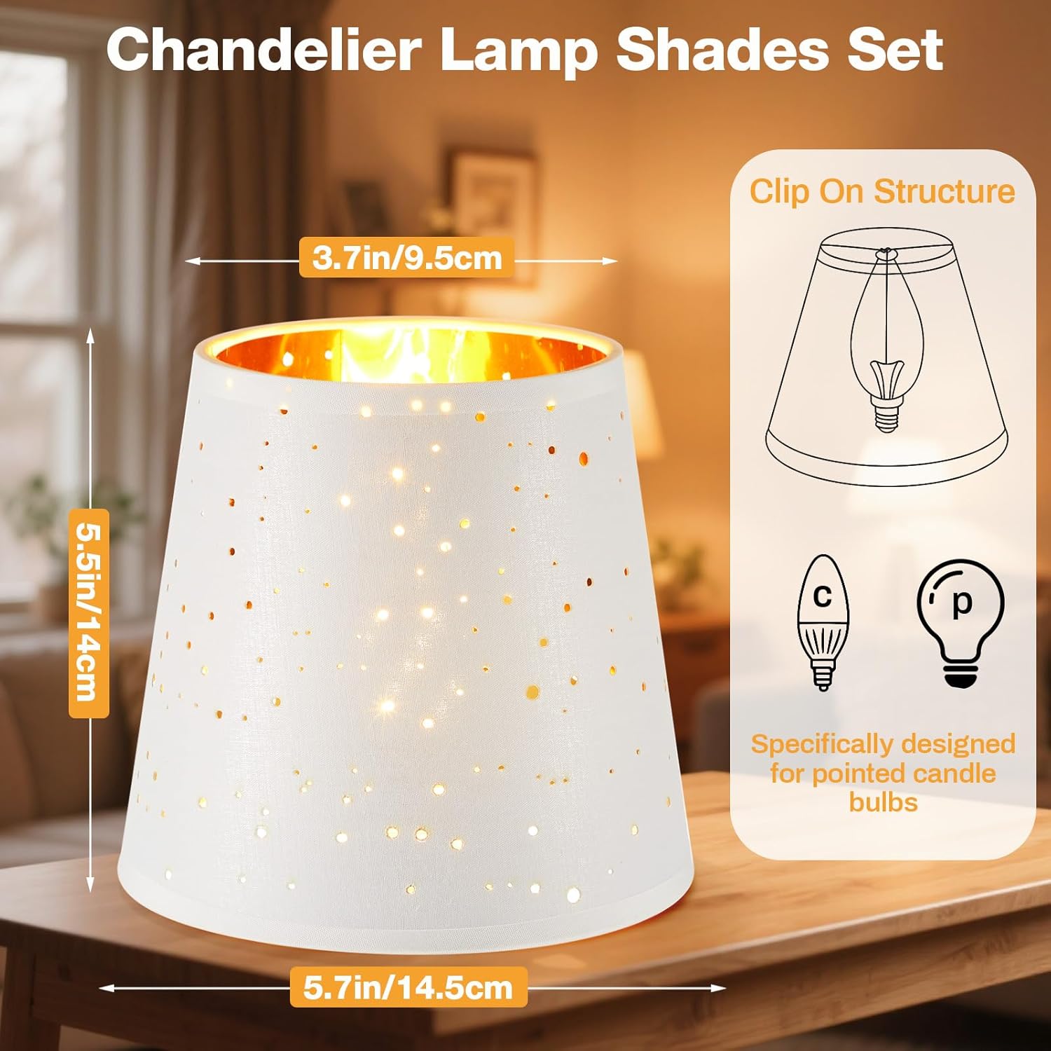 Riakrum 6 Pcs Chandelier Lamp Shades Set Small Lamp Shade for Pendant Wall Ceiling Lights Candle Bulbs Clip on Fitter Lampshade (Star,White)