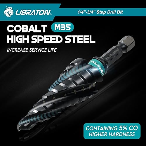 Miniatura 6 de LIBRATON Juego de brocas con paso de flauta en espiral, M35 cobalto Unibit 14"-34", brocas escalonadas revestidas AlTiN, cuatro flautas en espiral,