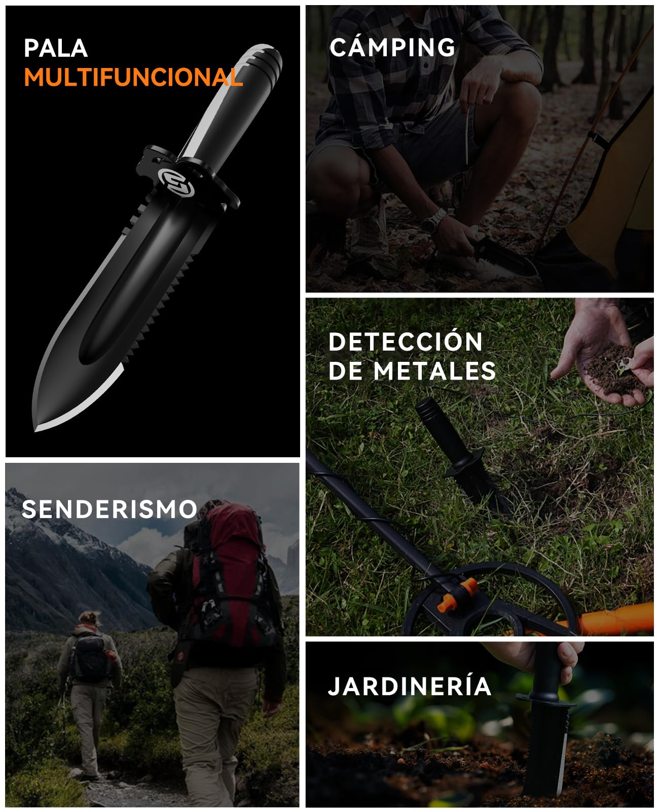 SUNPOW Pala de jardín Resistente con Funda de Transporte: pequeña Pala con Doble Borde dentado, Cuchilla para excavar para jardinería y Acampada, con Escala de medición