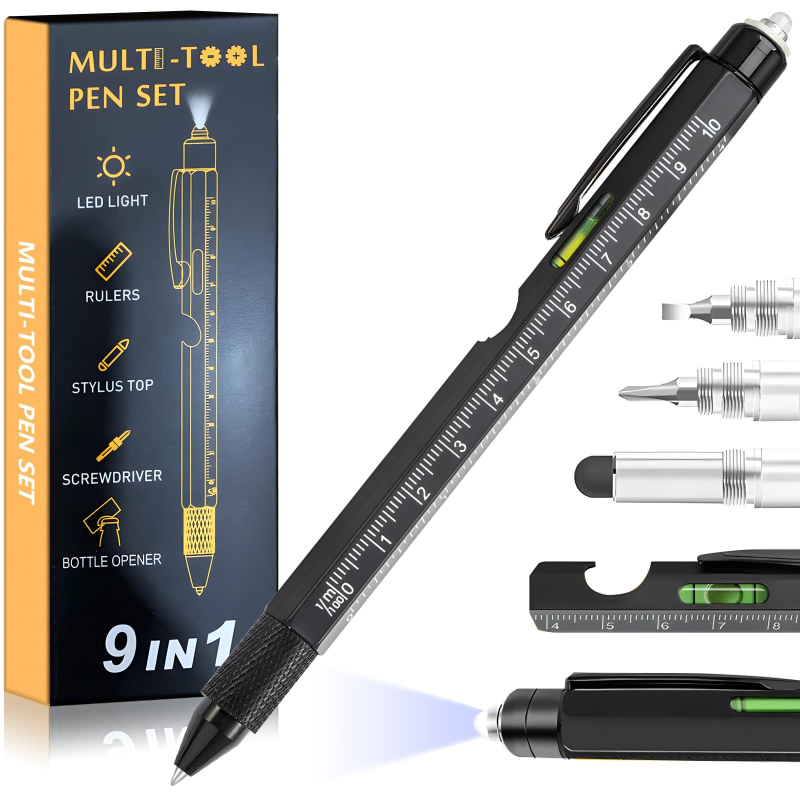 Father's Day Gifts from Daughter Wife Son,Multitool Pen 9 in 1 Innovative Gift for Men,with LED Light,Ruler, Stylus,Bubble Level,Screwdrivers,Unique