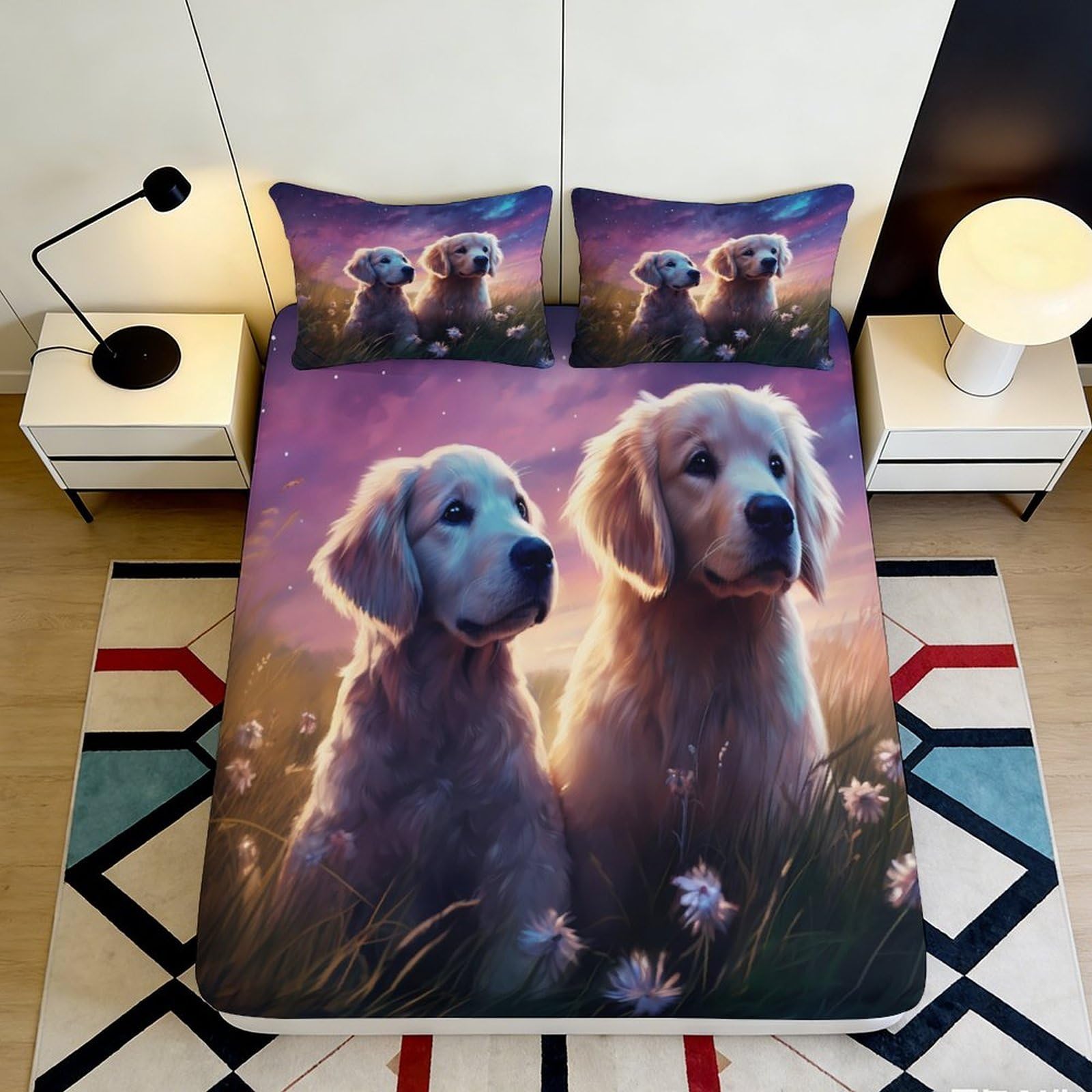 3D Printed Golden Retriever Fitted Sheet Microfiber Non-Slip Deep Pocket Bedroom Bedding Golden Retriever Mattress Fitted Cover Washable 200x200x25cm