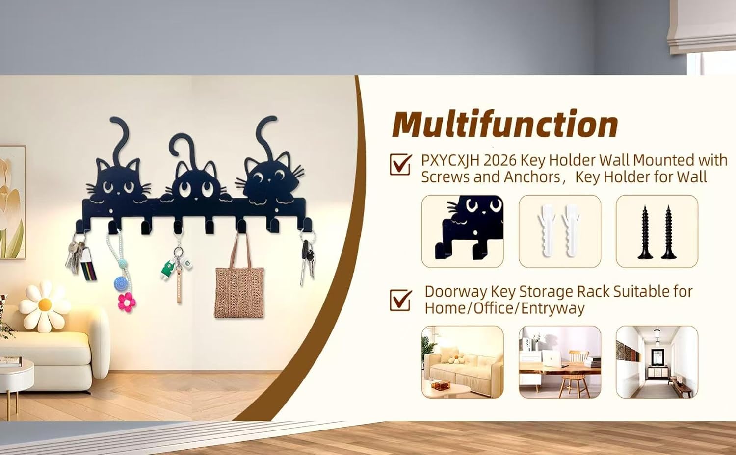 NEW Key Holder Wall Mounted with Screws and Anchors, Black Cute Cat Key Holder with 8 Hooks, Entryway Front Door Kitchen Hallway Garage Office(Three Cats)
