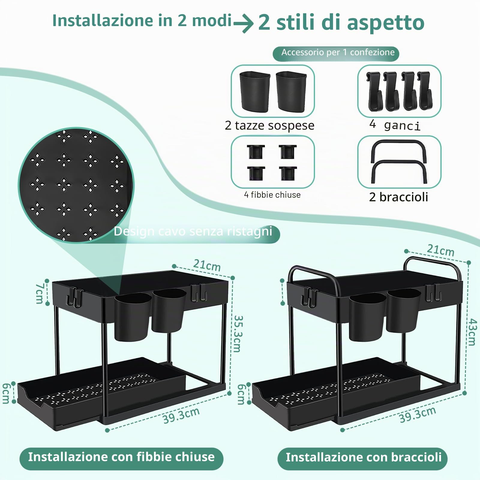Organizer Sottolavello Cucina 2 Livelli, Estraibile Organizzatore Cucina Con 4 Ganci e 2 Tazze, Sottolavello Portaoggetti Ripiano Cassetto, Organizzatore per lavello Bagno (Nero,1 Pezzo)