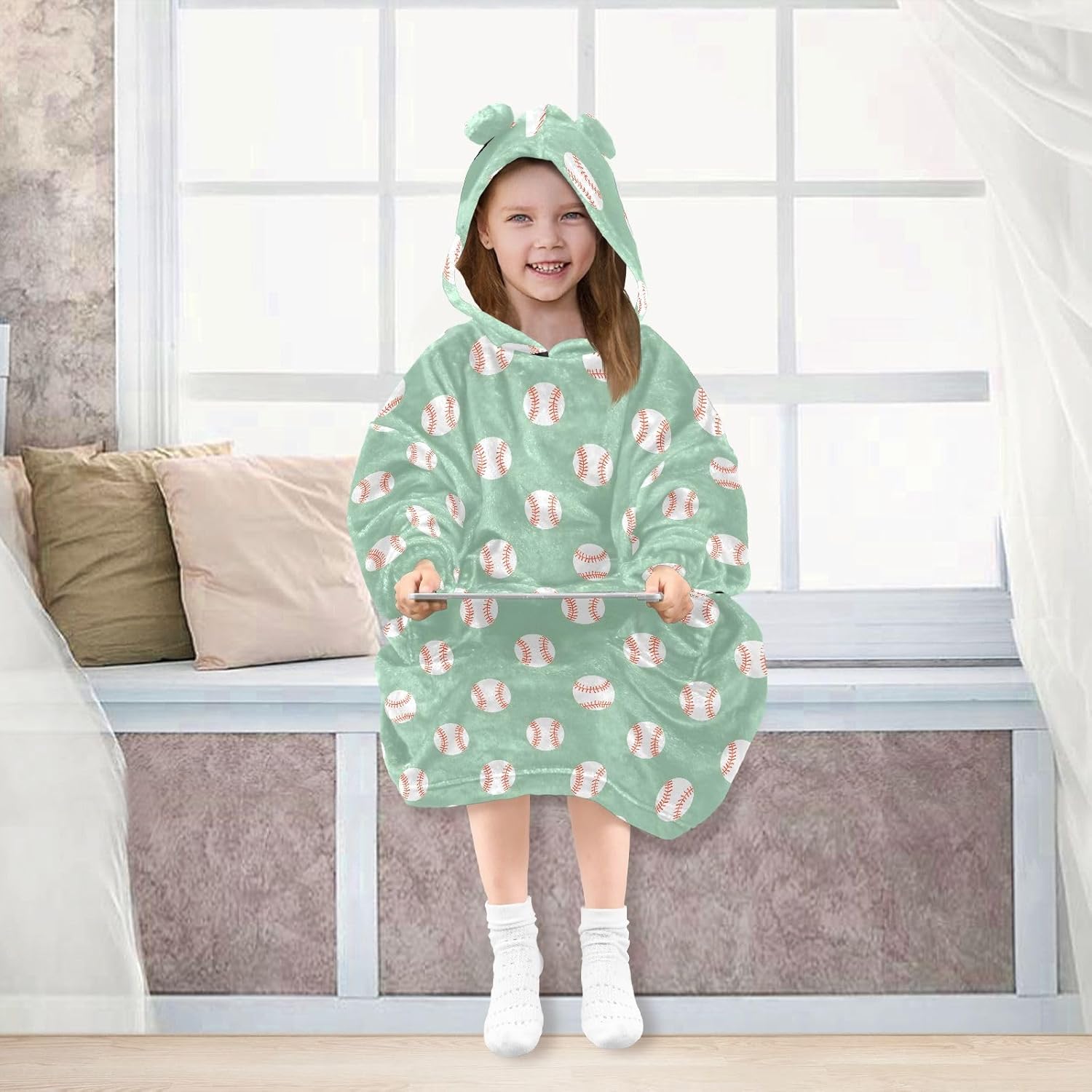 Simple Baseballs Green Prints Wearable Blankets for Kids, Soft Warm Cozy Blanket Hoodie for Boys Girls with Pocket