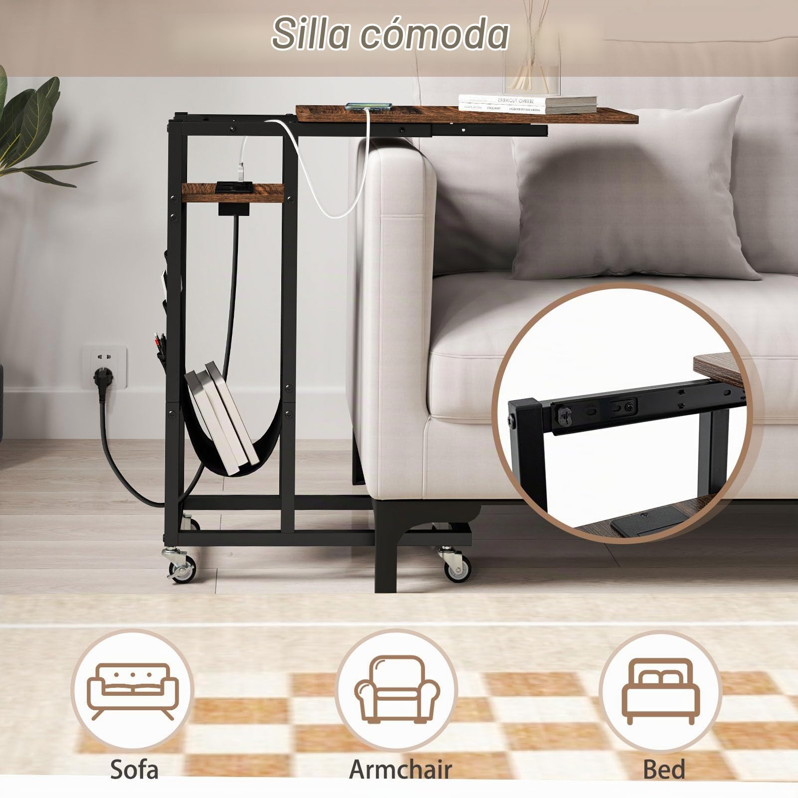 LIFEZEAL mesa Auxiliar con Enchufe, Almacenaje en Forma de C con Ruedas, Pequeña para Sofá, Portátil con Bolsillo Lateral, Salón, Dormitorio (Marrón)