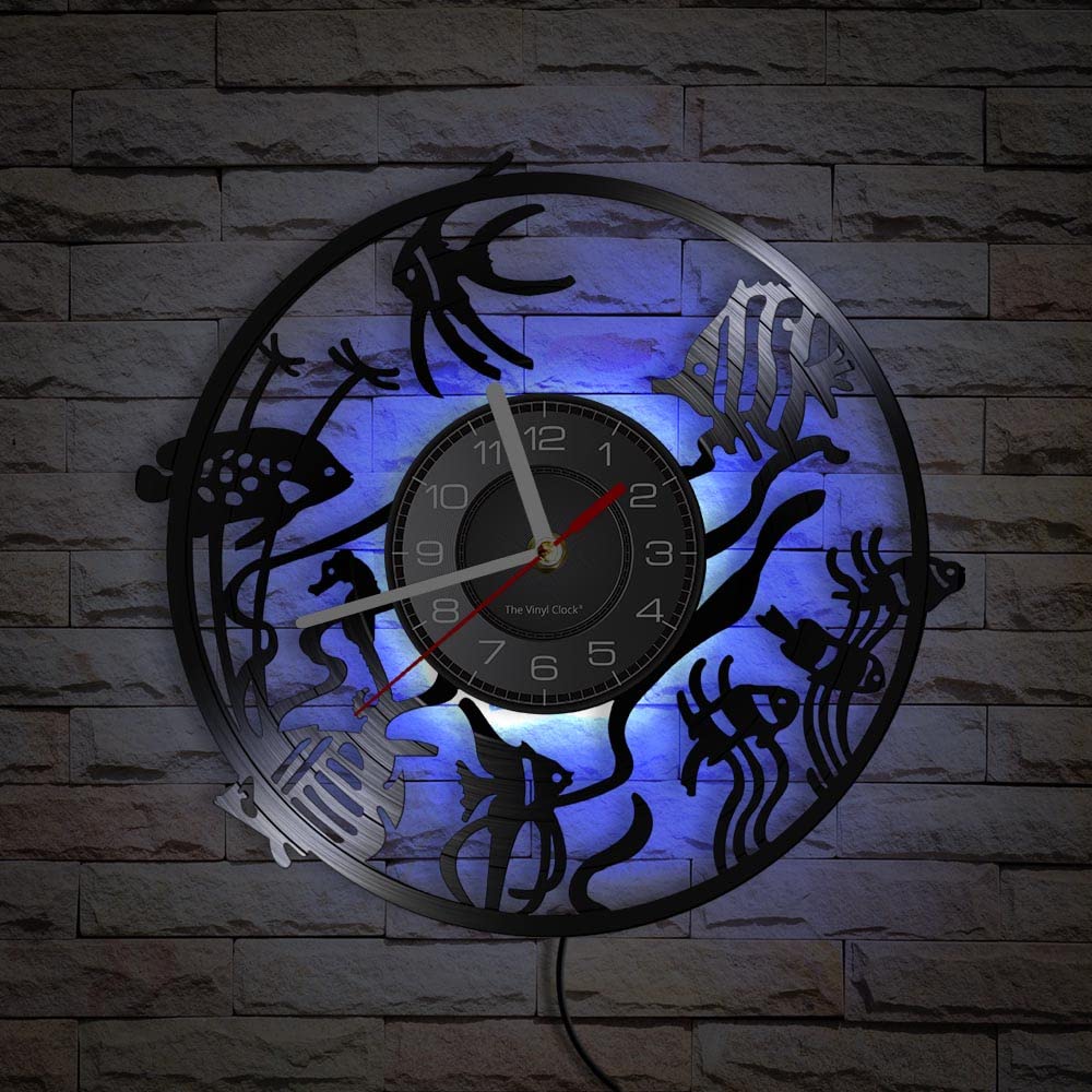 Orologio da parete in vinile, orologio analogico a tema biologico marino, luce notturna a LED con telecomando, decorazione da parete regalo orologio da parete!