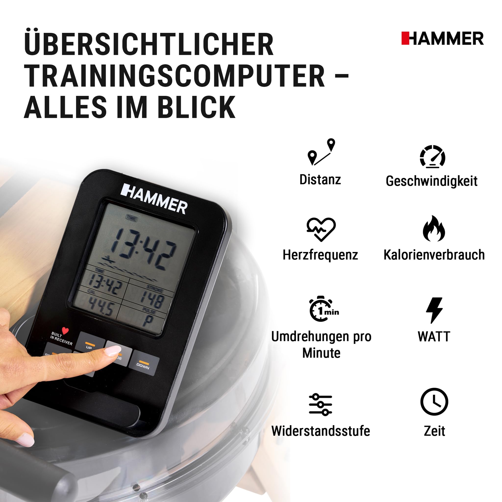 HAMMER Vogatore ad Acqua AquaFold - Vogatore pieghevole per casa in vero legno con ruote, macchina per il canottaggio con Bluetooth, computer di allenamento