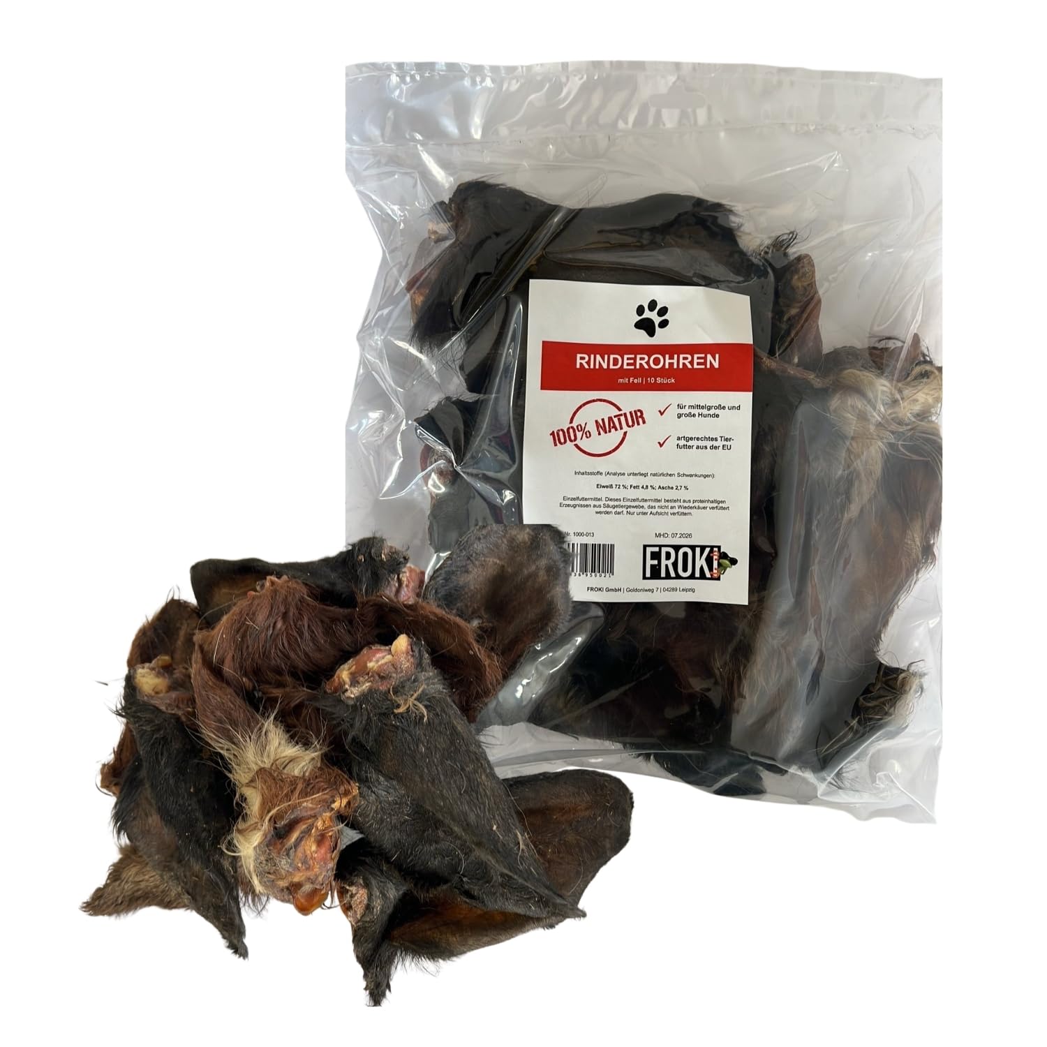 FROKI Lot de 10 oreilles de bœuf de qualité supérieure avec fourrure pour grands et petits chiens - 100 % bœuf - 100 % naturel - Friandises pour chien - Friandises à mâcher naturelles - Soin dentaire