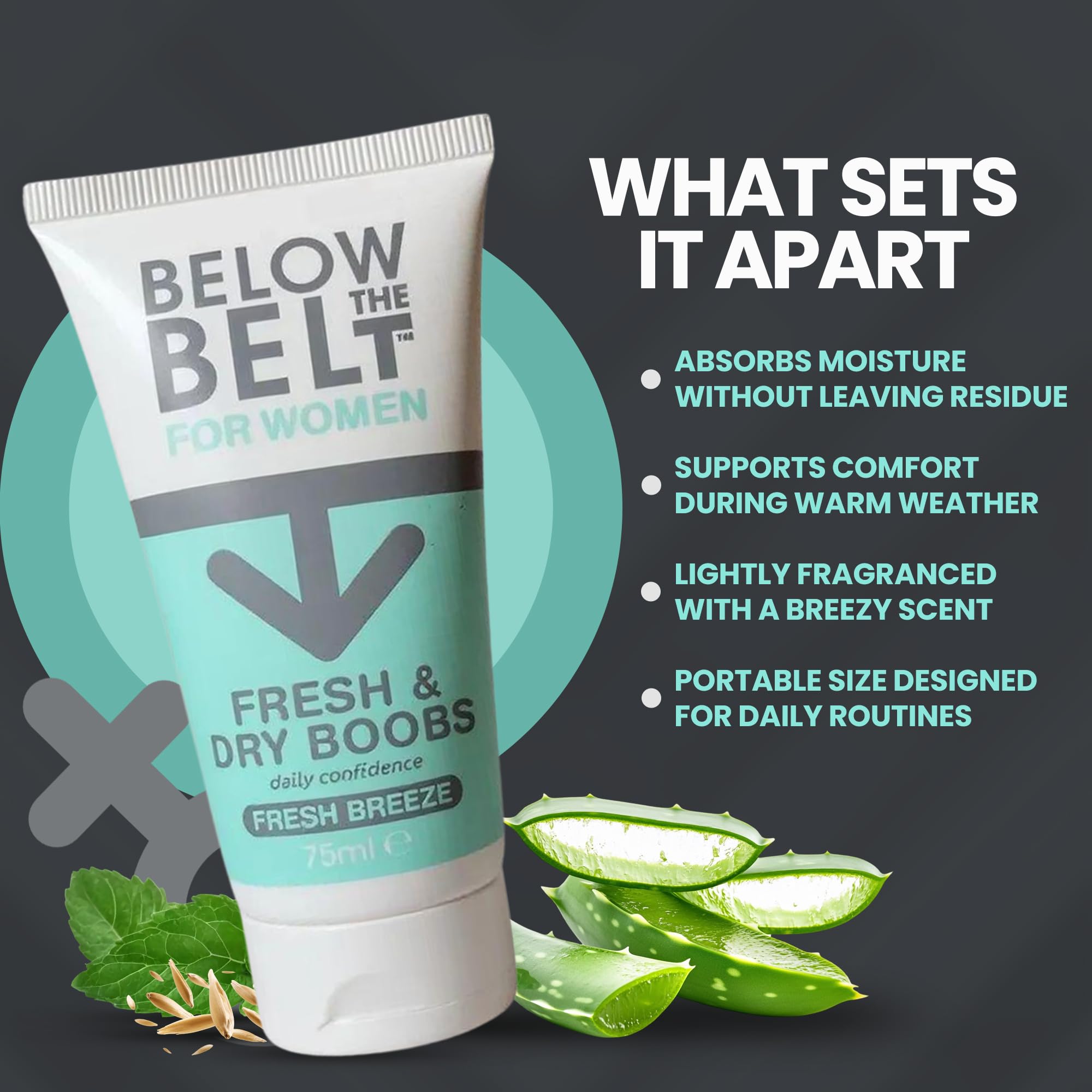 Below The Belt Crema Seno Fresco e Asciutto, Trattamento Sottoseno con Profumo di Brezza Fresca, Formula Antisudore e Antisfregamento Sottoseno, Senza Talco - Confezione Trio da 75 ml