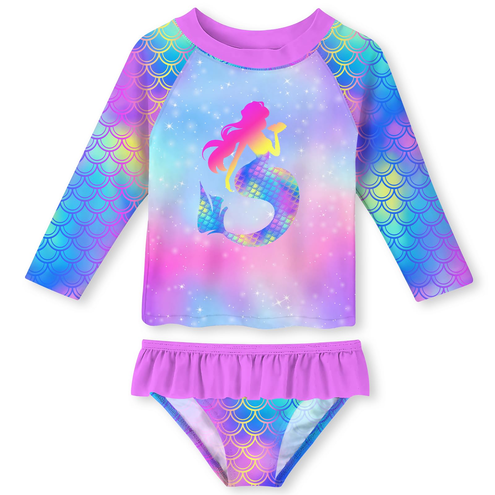 UNIFACO Girls Swimsuit Two Piece Long Sleeve UPF 50+ Bathing Suit, 2-8T