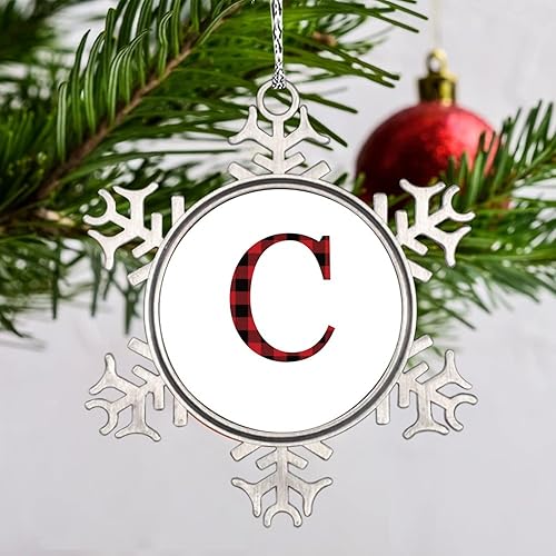 Vista 4 de Adornos de Navidad con letras rojas y negras a cuadros, monograma de copo de nieve, inicial, árbol C, novedad, regalo de recuerdo de metal