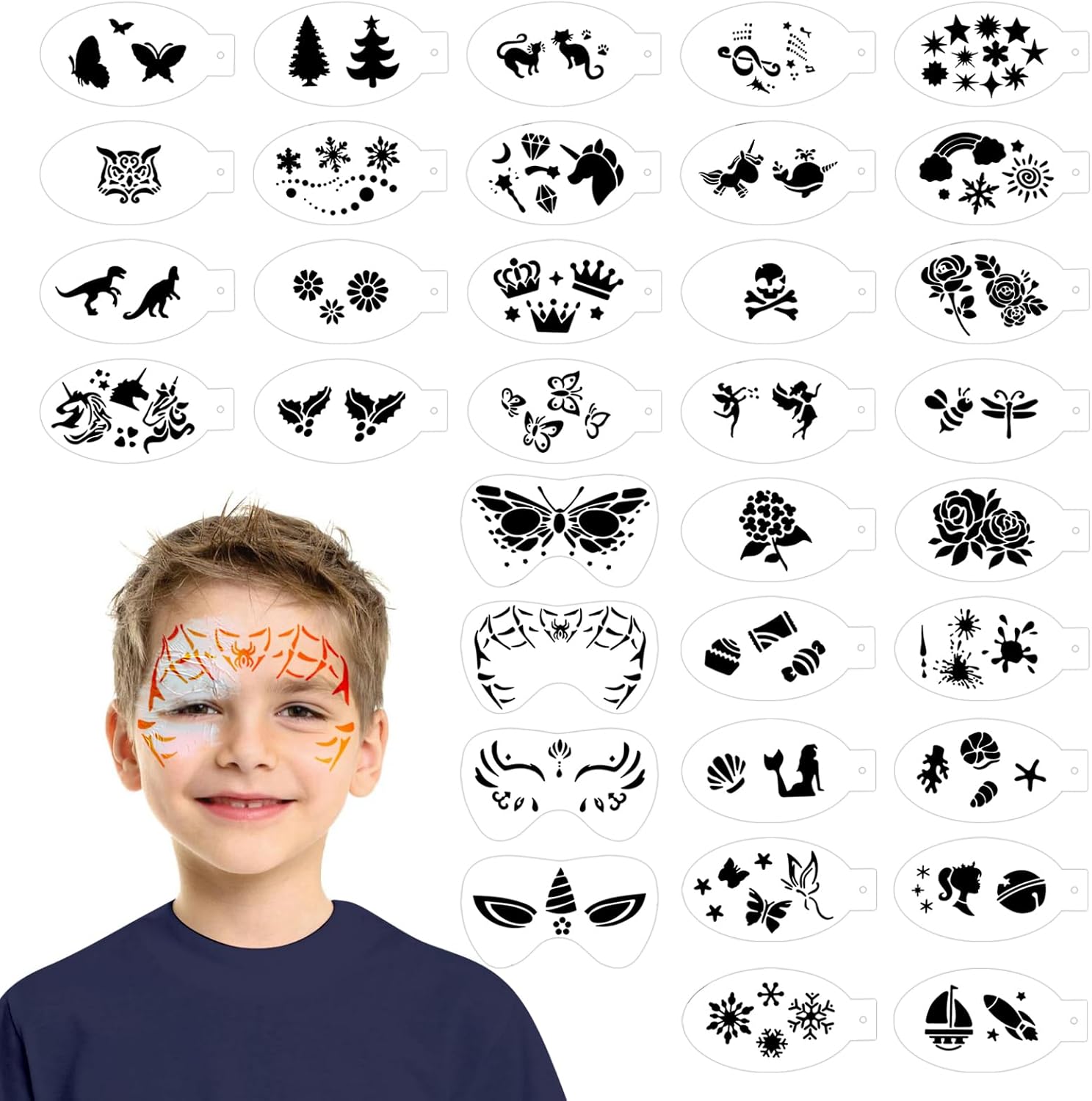 34 stuks sjablonen voor gezichtsmake-up, tattoosjablonen voor make-up, tijdelijke tatoeages voor Halloween, festival, maskerade
