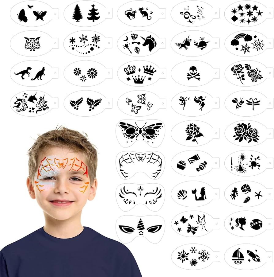 srizian-34-pieces-face-painting-stencils-reusable-face-paint-templates-tattoo-painting-templates-body-paint-stencils-for-kids-party-holiday-halloween-makeup-amazon-co-uk-beauty