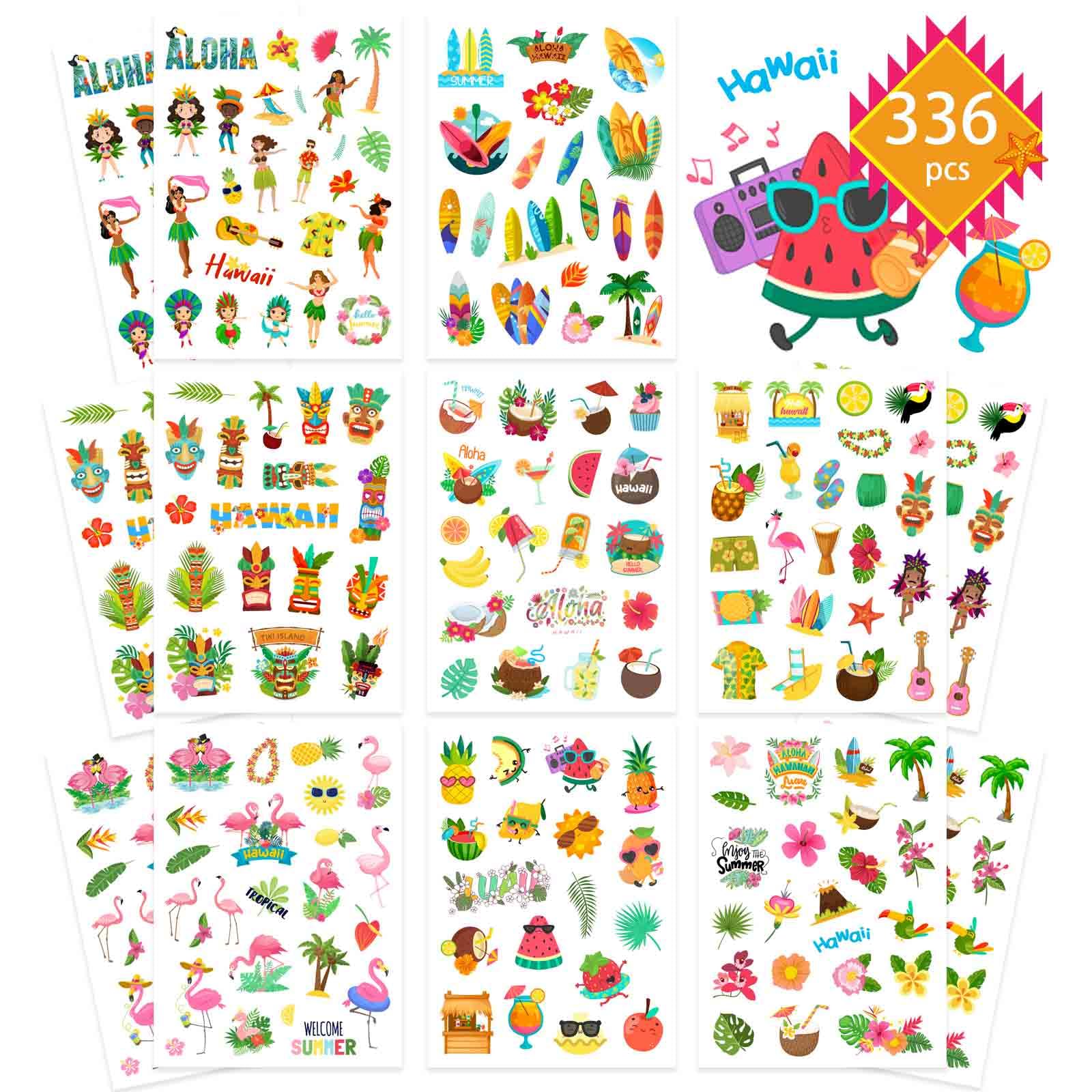 Fyvadio Pegatinas de verano, 336 pegatinas de playa de verano, pegatinas de sol Hawaii Pegatinas de Skateboard, Pegatinas de Helado Cerveza Sandía para Hawaii Decoración Tropical Fiesta Adhesivo