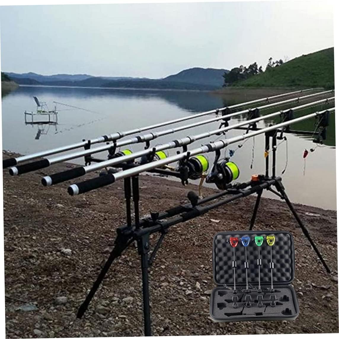 Bite Alarms 4PCS LED Fishing Bite Alarm with a Carry Box Red Yellow Blue Green Fishing Swingers Bite Indicators Fishing Tackle 12.99 Inch Fishing Accessories.