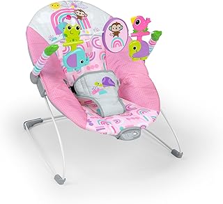 Bright Starts Pink Paradise Portable Baby Bouncer with Vibrating Infant Seat and Toy Bar, Max Weight 20 lbs., Age 0-6 Months