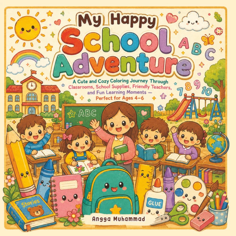 My Happy School Adventure: A Cute and Cozy Coloring Journey Through Classrooms, School Supplies, Friendly Teachers, and Fun Learning Moments — Perfect for Ages 4–6