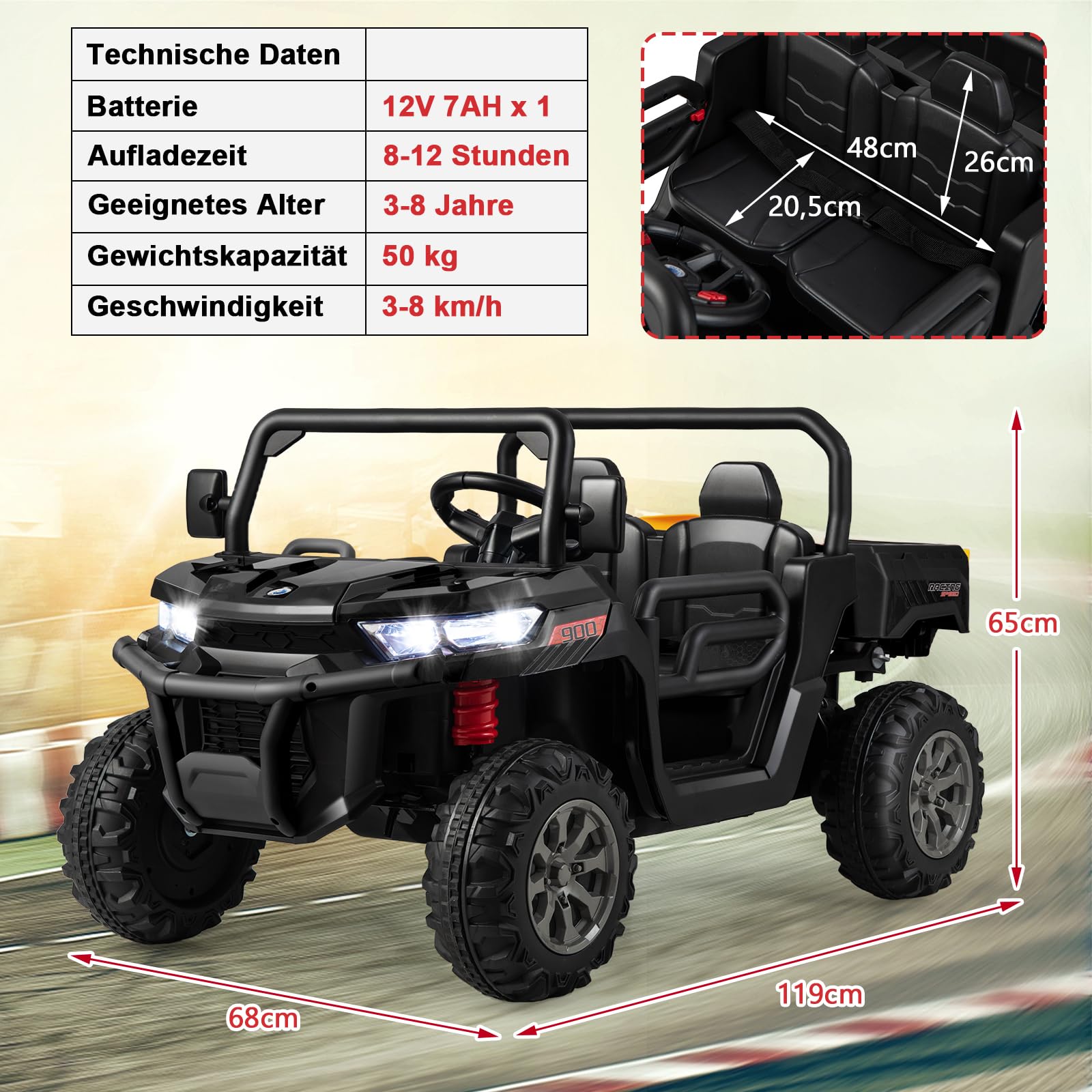COSTWAY Kinder Elektroauto 2 Sitzer, 12V Kinderauto mit elektrischer Kippmulde, Schaufel & 2,4GHz Fernbedienung, Elektrofahrzeuge mit Musik, Hupen und Scheinwerfer, für Kinder ab 3 Jahren (Schwarz)