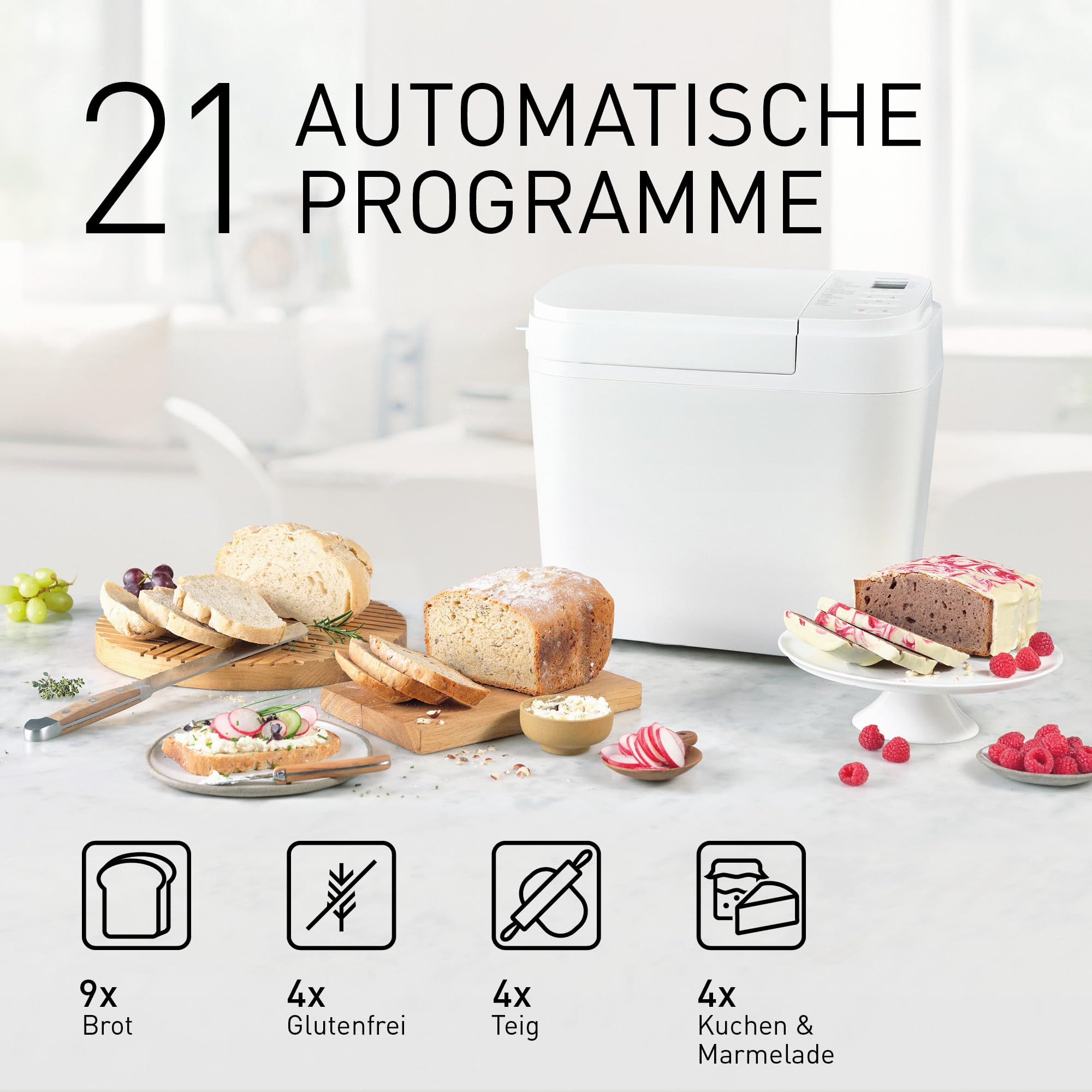 Panasonic SD-B2510W Vollautomatischer Brotbackautomat, 4 glutenfreie Programme, horizontales Design, 21 automatische Programme, 2 Temperatursensoren, 13 Stunden Zeitvorwahl, LCD-Display, Weiß