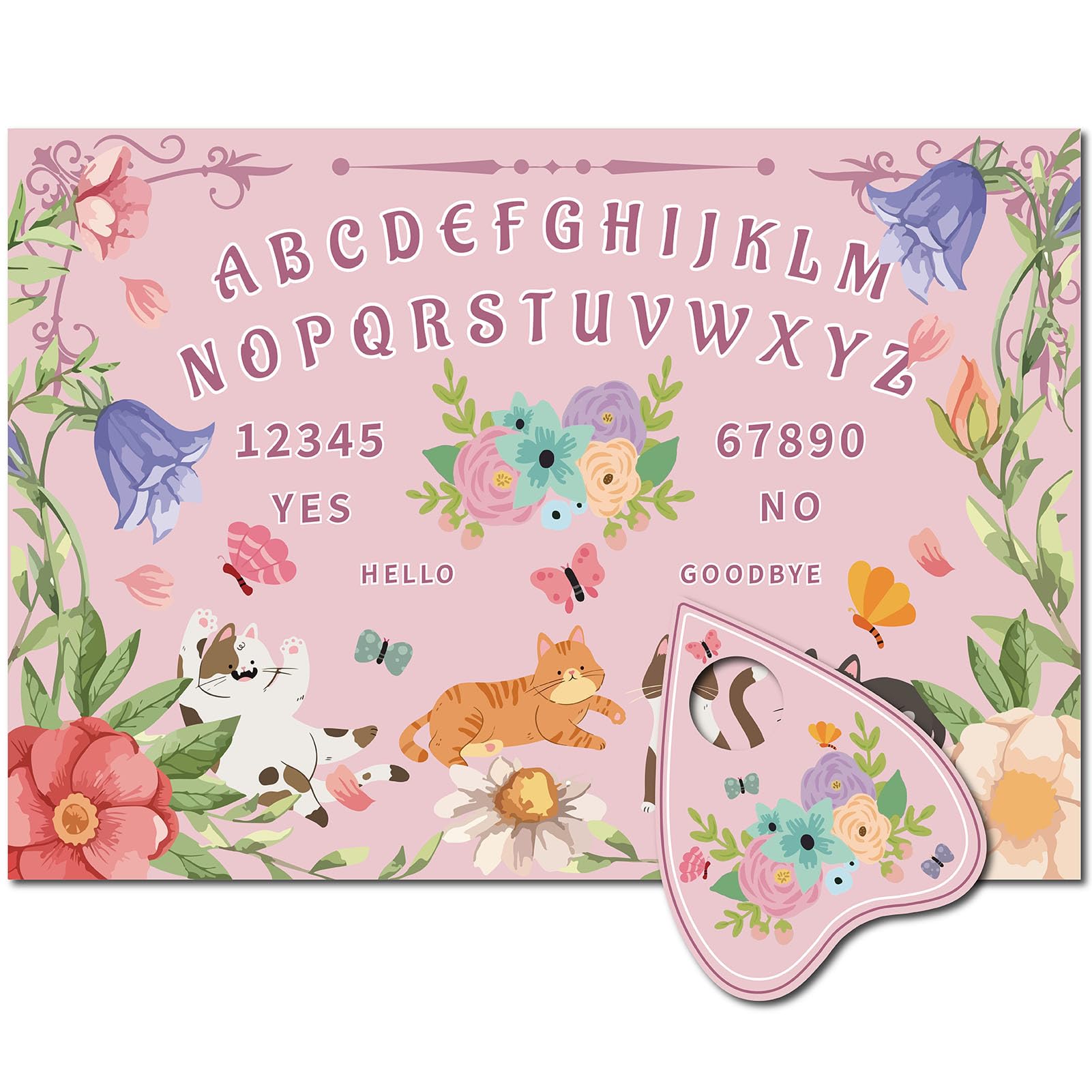 CREATCABIN Pink Cat Wood Spirit Board Flowers Pendulum Board Kit Talking Boards with Planchette Dowsing Divination Metaphysical Message Board Gifts for Wicca Hunt Witch Stuff Halloween 11.8x8.3Inch
