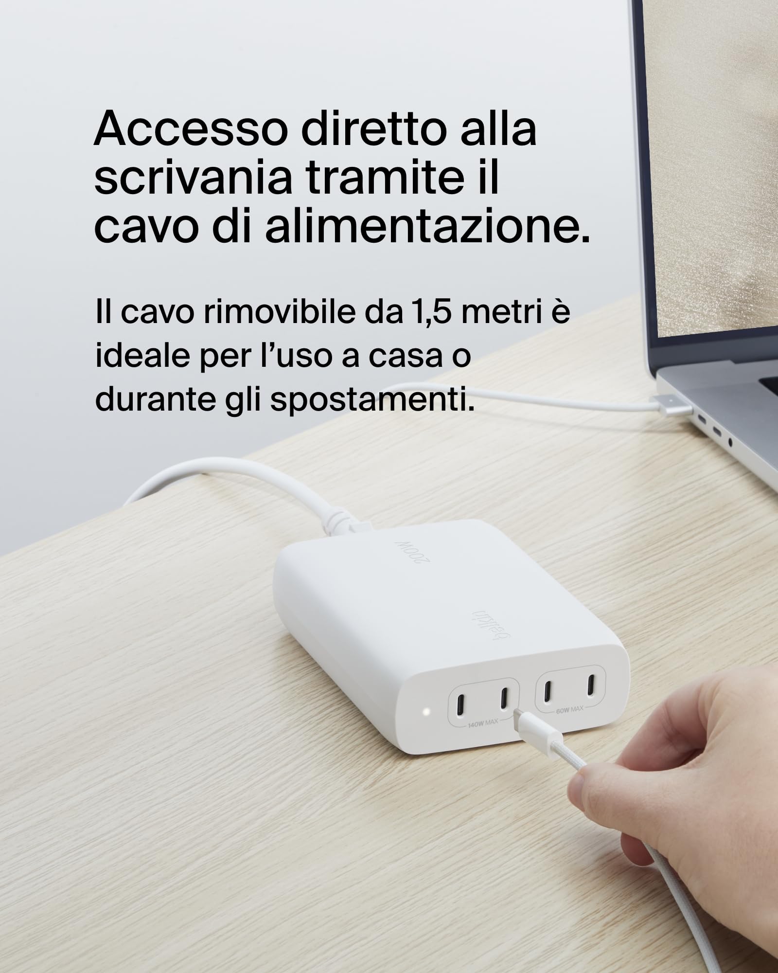 Belkin BoostCharge Pro Caricabatteria multiporta da parete GaN 200 W, 4 porte con ricarica rapida USB-C PD 3.1, cavo da 1,5 m, per MacBook Pro, iPhone 16, iPad Pro, Galaxy S24, Google Pixel ecc.