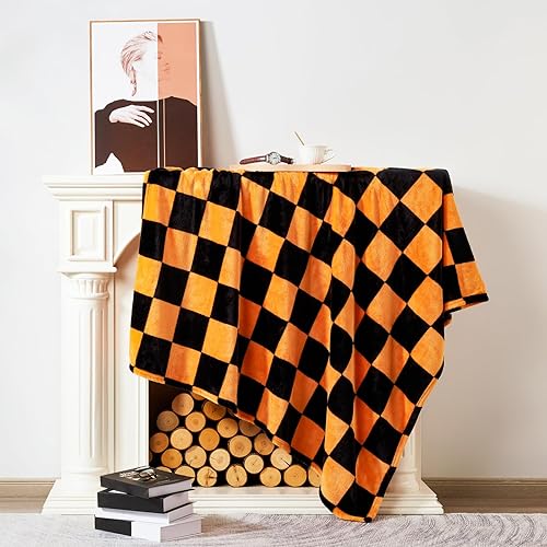Miniatura 3 de Vessia Manta de franela de tablero de ajedrez negro y naranja, naranja para sofá, cama, sofá, 10.56 ozm, suave, acogedora, cómoda, cálida,