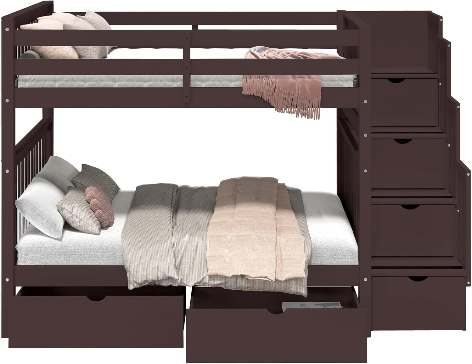 Bedz King Stairway Bunk Beds Full Over Full with 4 Drawers in the Steps and 2 Under Bed Drawers, Dark Cherry